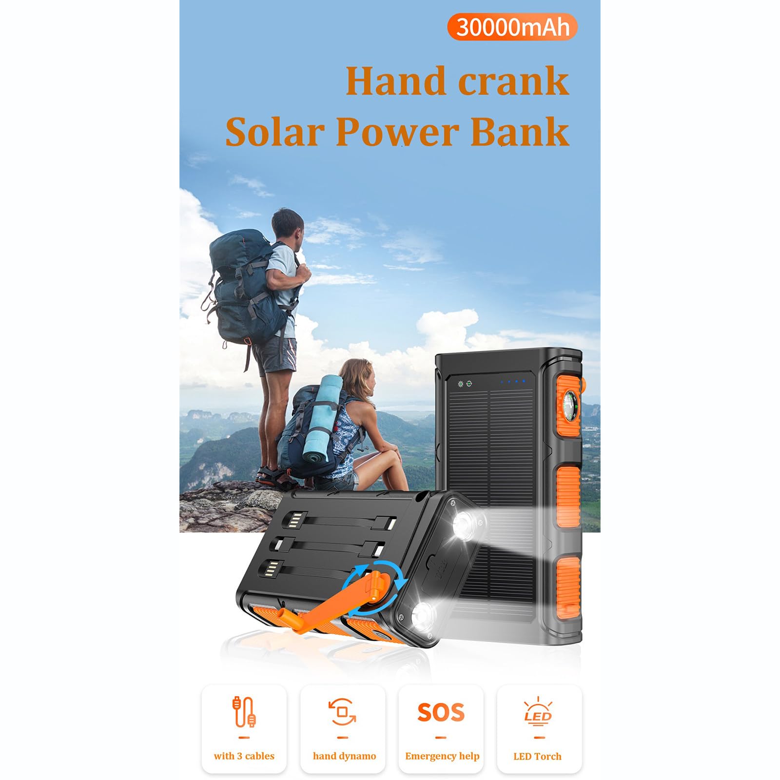 Trois méthodes de Charge de la Banque d'alimentation Solaire/à manivelle, Batterie Externe câblée pour Le Camping en Plein air Pd20W Charge Rapide,Blue-30000mAh