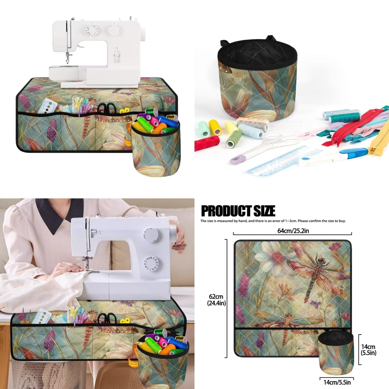 2 alfombrillas acolchadas para máquina de coser y cubierta antipolvo para almacenamiento de polvo, compatible con la mayoría de máquinas de coser de tamaño estándar, estampado de flores y