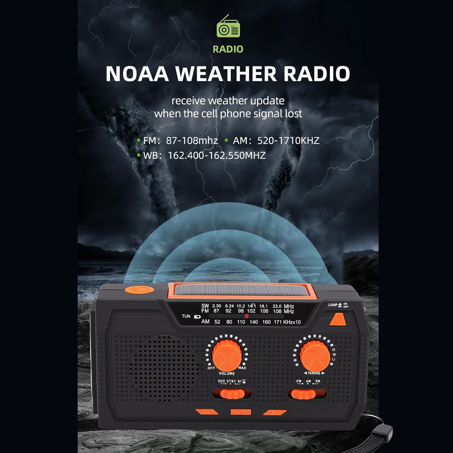 Yoidesu Emergency Radio, 2000mAh Portable Solar Hand Crank Weather Radio with LED Flashlight and SOS Alarm, AM FM SW Emergency Weather for Camping Survival (Black)