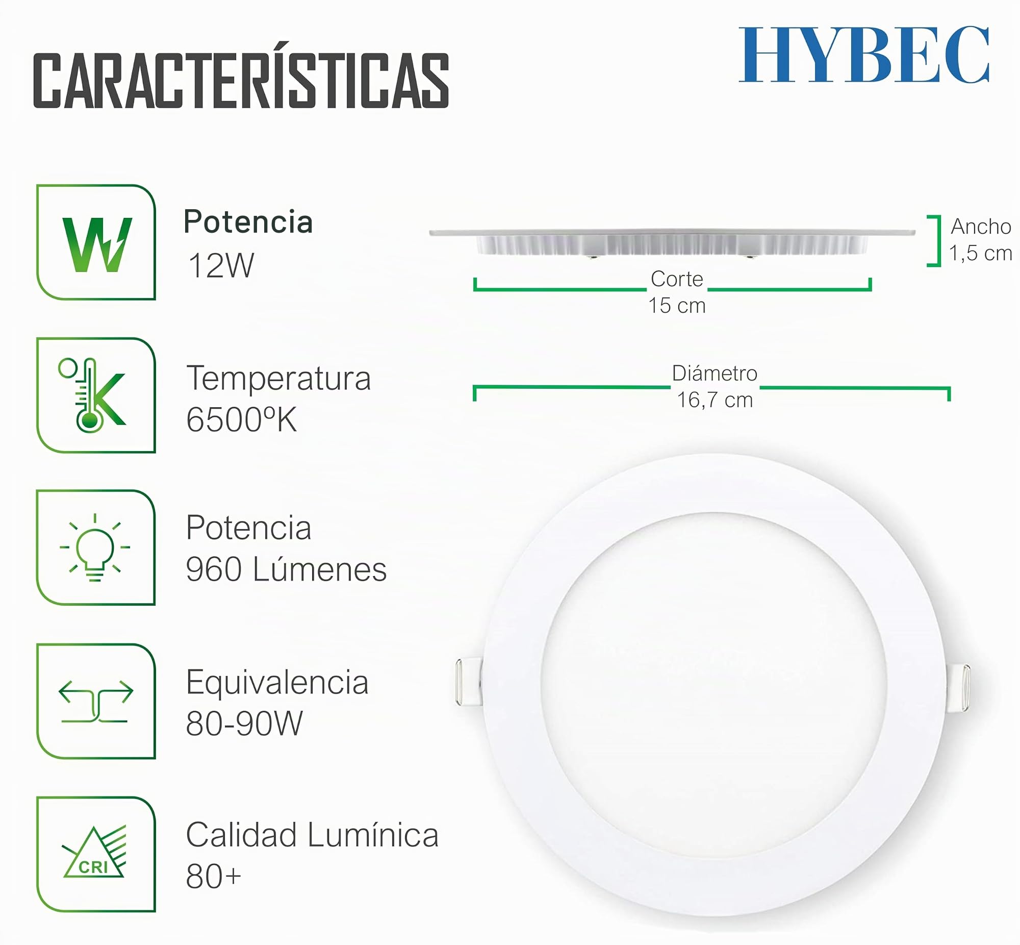 CLAR Hybec - Downlight LED techo empotrable, Foco LED Interior techo, Driver incluido, Luz Fría 6000ºK 12W (Pack 10)