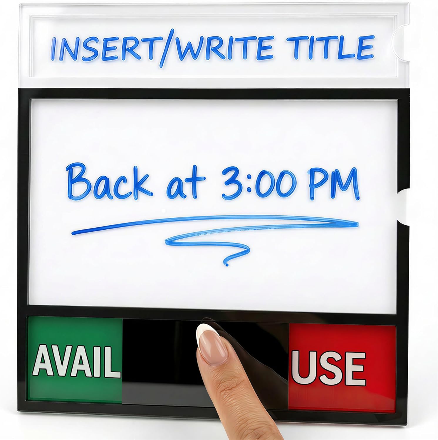Conference Room Door Sign with Slider – Office Door Sign for Meeting Room, 3-Zone Writable Whiteboard & DIY Paper Insert Slot, 8 Status Options, Acrylic Door Sign, No-Drill Self-Adhesive Mount（Black）