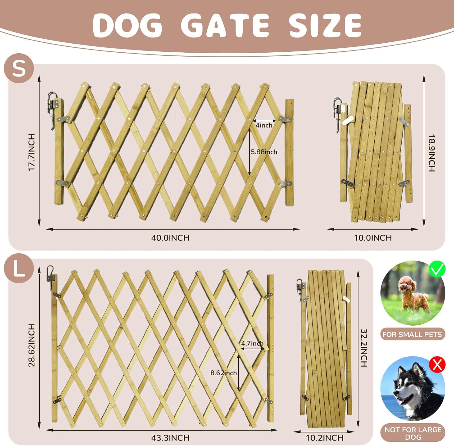 Expandable Wooden Dog Gate Indoor, Retractable Pet Fence Accordion Style, Freestanding Safety Barrier for Doorways, Patio, Garden – Fits Small to Large Dogs (Small)