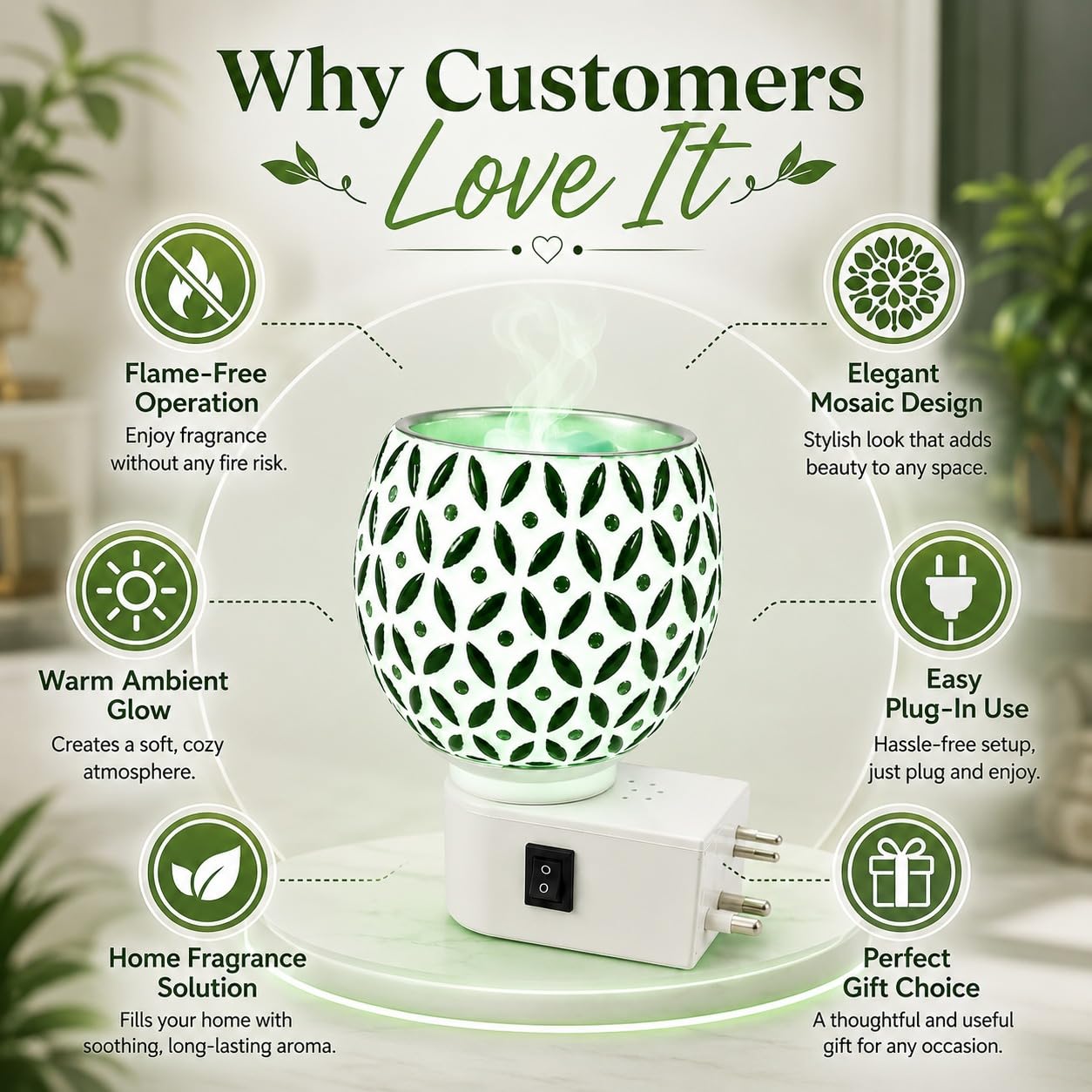 Revwd Kapoor Dani Electrical Camphor Diffuser Glass with On/Off Switch to Toggle Between Burner and Lamp (Green Kapoordani) 4