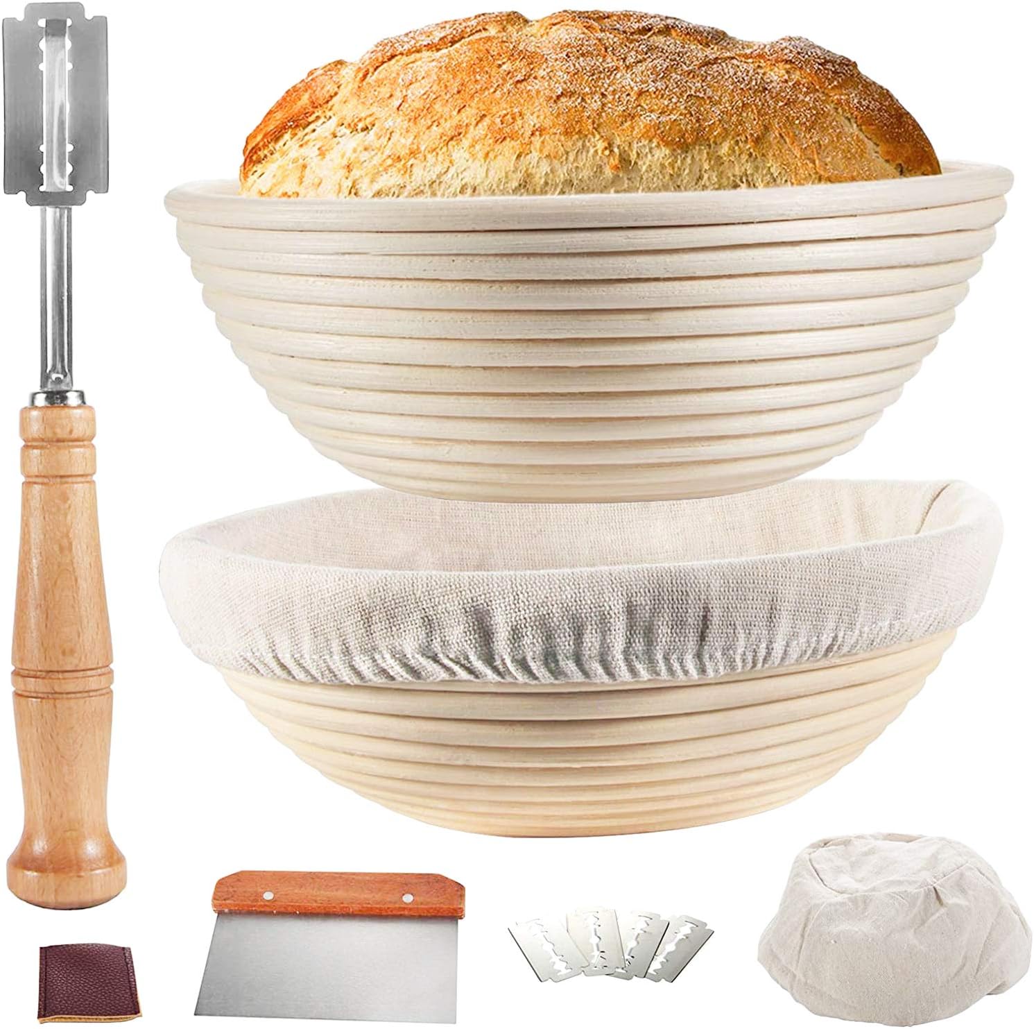 Proofing Basket 9 Inch + 10 Inch, TAOUNOA Bread Basket, with Dough Scraper, Bread Lame, Bread Baking Set for sourdough breads…