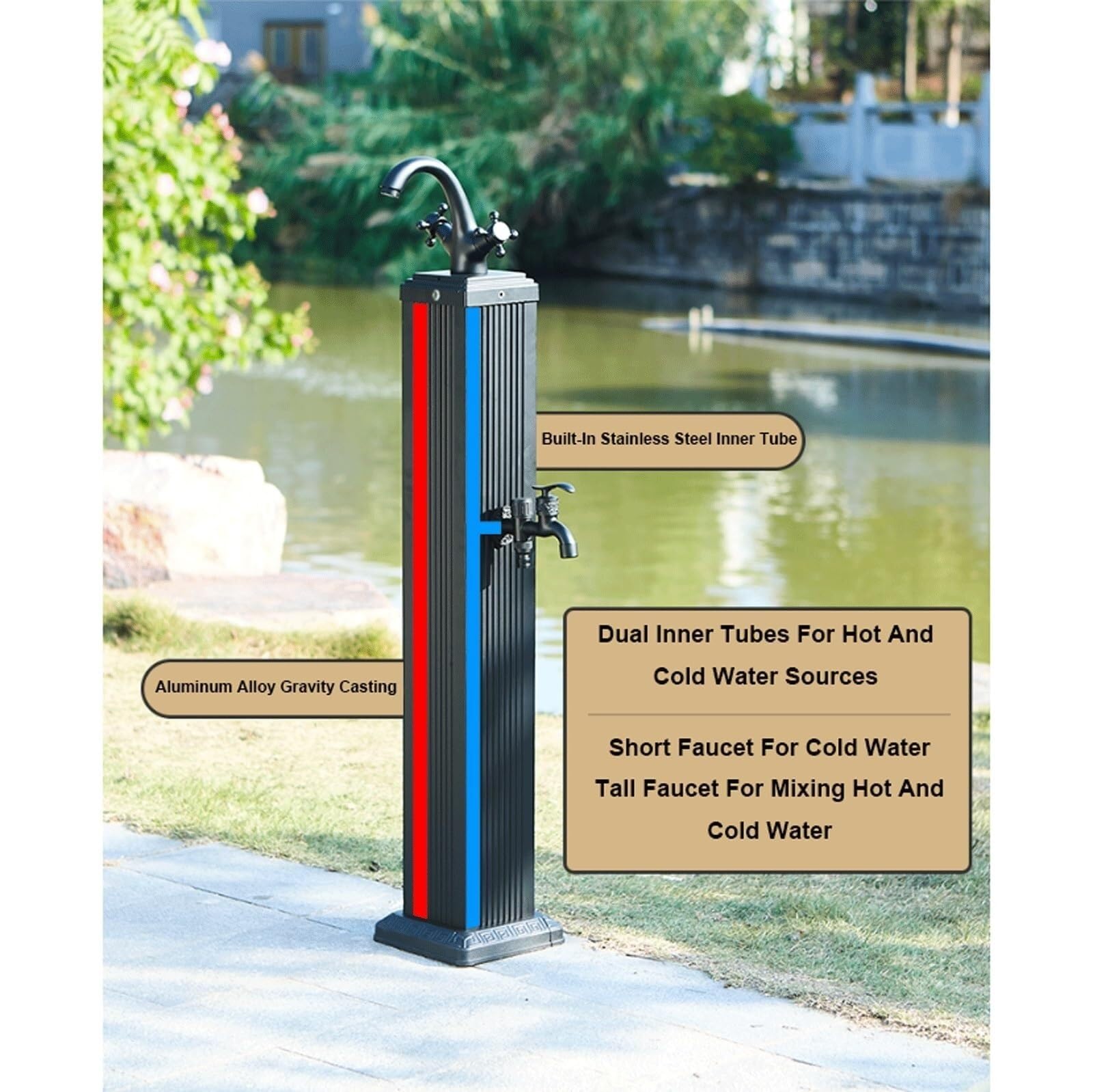 Columna de agua decorativa vertical de aluminio con grifo de doble salida, soporte anticongelante para hidrante de jardín