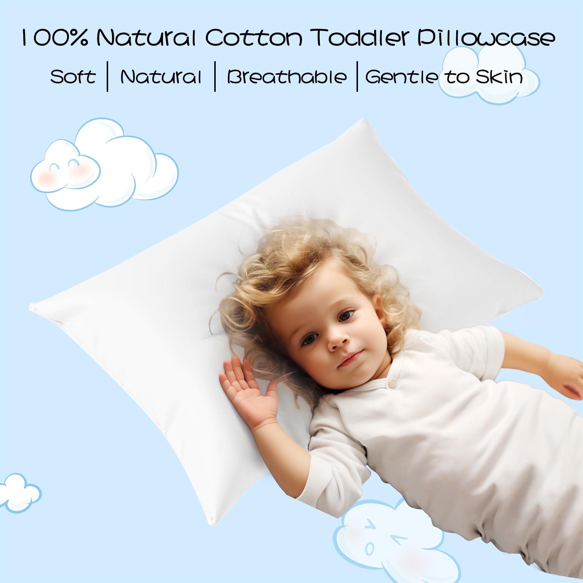 100% Cotton Soft Toddler Pillow Protectors with Invisible Zipper 13X18 Small Pillow Cases for Kids, 600 Thread Count Soft Pillow Cases, White Color 2-Pack