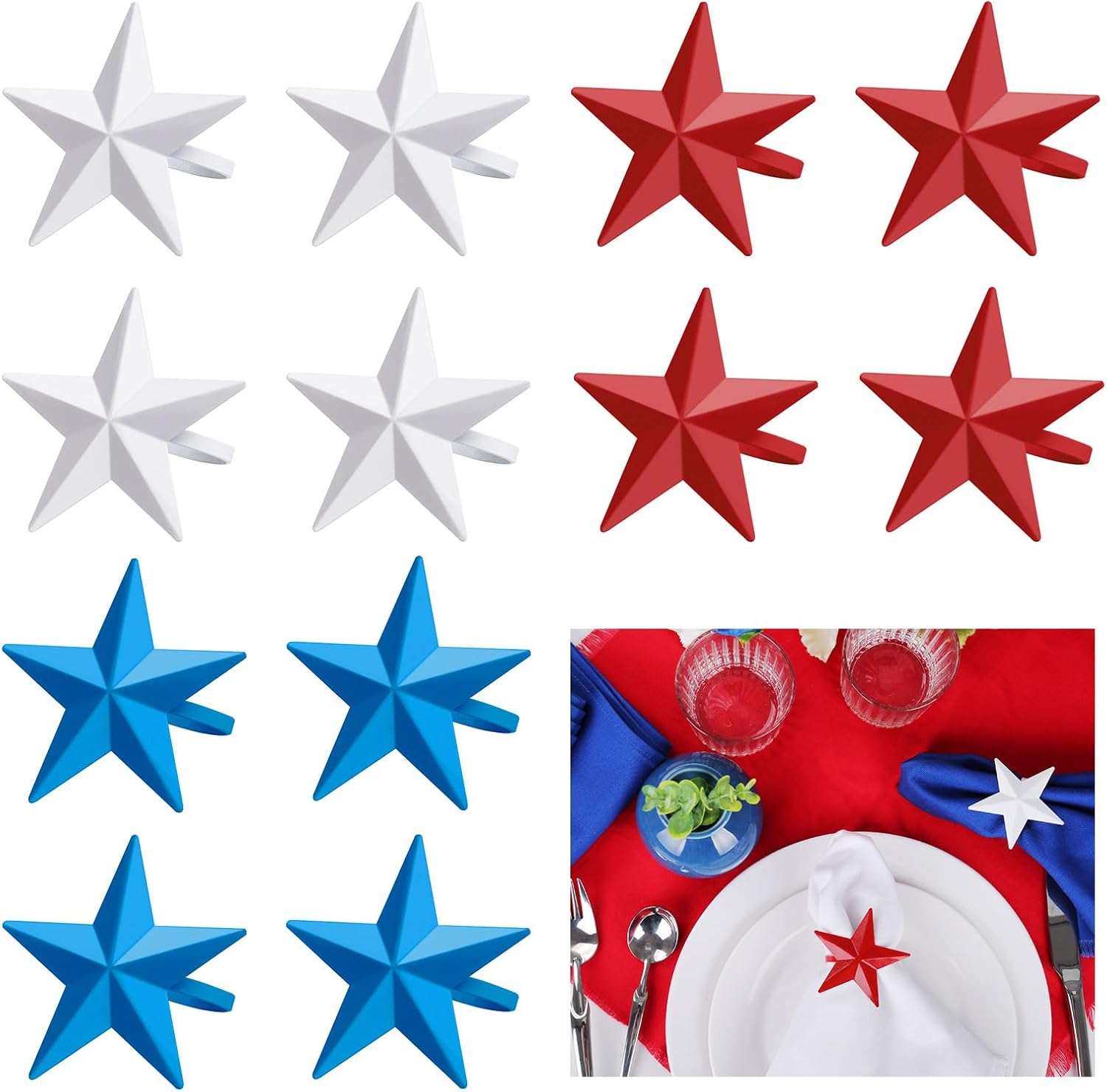 24Pack Napkin Ring Holders July of 4, Patriotic Star Red Blue White Festive Serviette Buckle Holder for Independence Day, Ceremony Table Dinner(Set of 24)