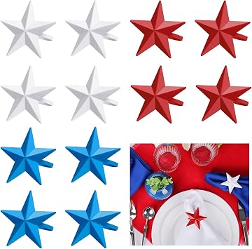 12 Pack Napkin Ring Holders July of 4, Patriotic Star Red Blue White Festive Serviette Buckle Holder for Independence Day, Ceremony Table DinnerSet of 12