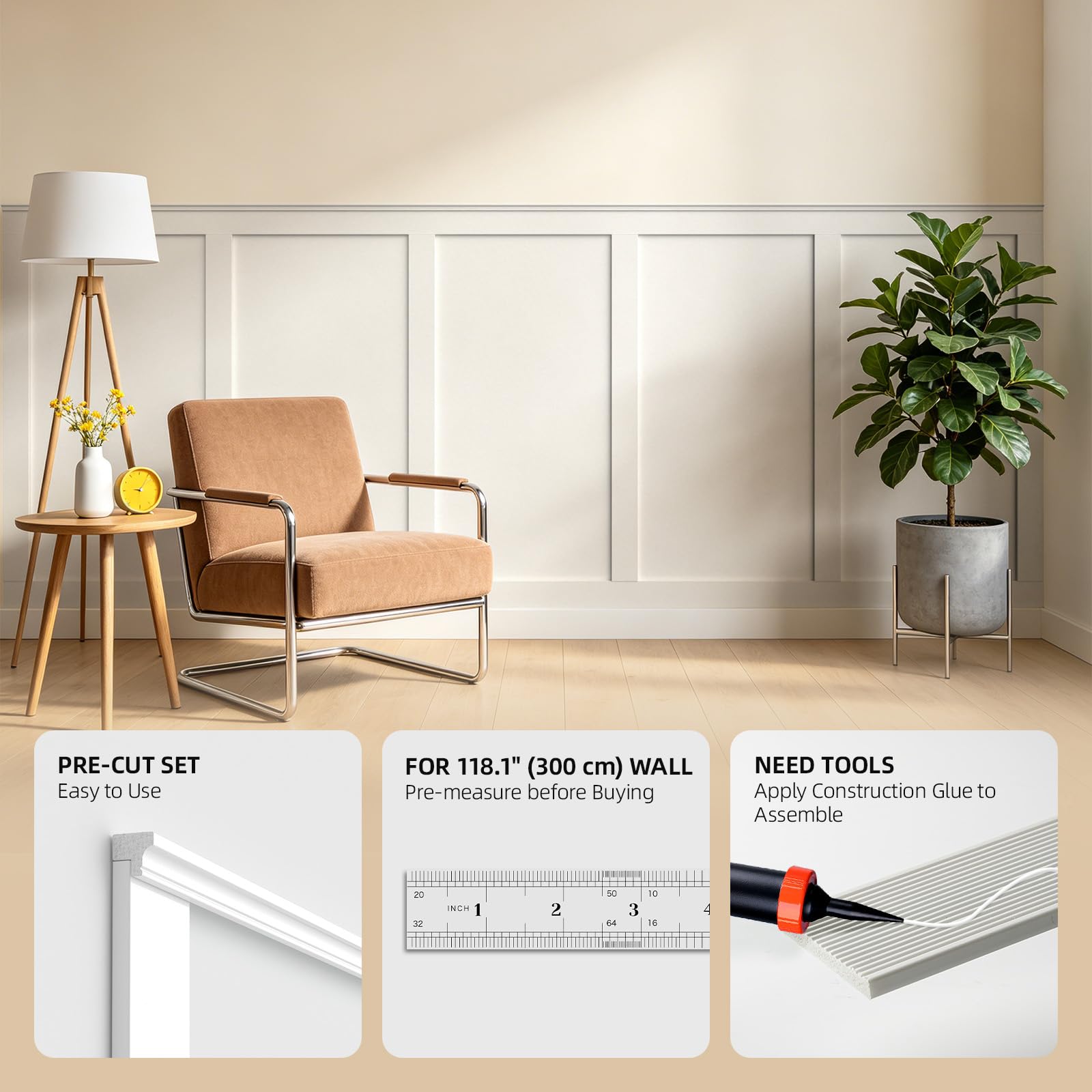 WADILE Kit de Paneles de Pared Board and Batten, Revestimiento de Pared Pintable de PS con 12 Molduras y 3 Perfiles Decorativos, para Salón, Dormitorio y Pasillo