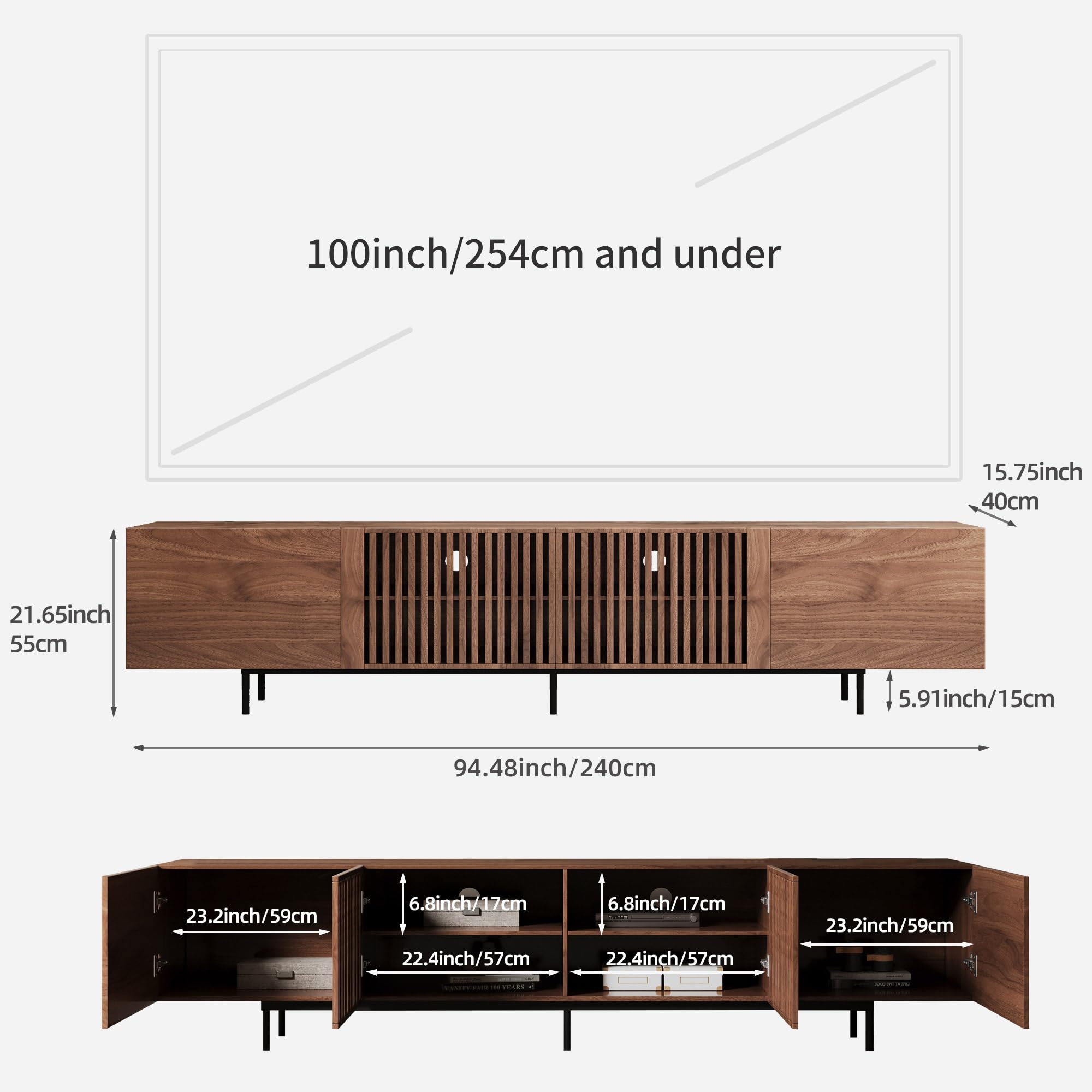 TV-Schrank 240 cm, TV Lowboard für 85 Zoll TVs, Walnuss | 240 cm Breite, Für Fernseher bis 85 Zoll, 6 Staufächer, Walnussoptik, Lamellentüren aus Eschenholz, Pflegeleichte Oberfläche