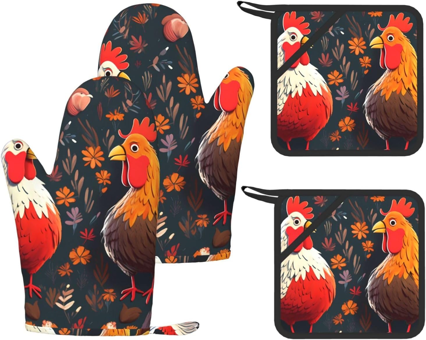 Cute Rooster Chickens 4pcs Oven Mitts and Pot Holders Sets for Kitchen, Silicone Oven Gloves Non-Slip Potholders Hot Pads for Baking Cooking