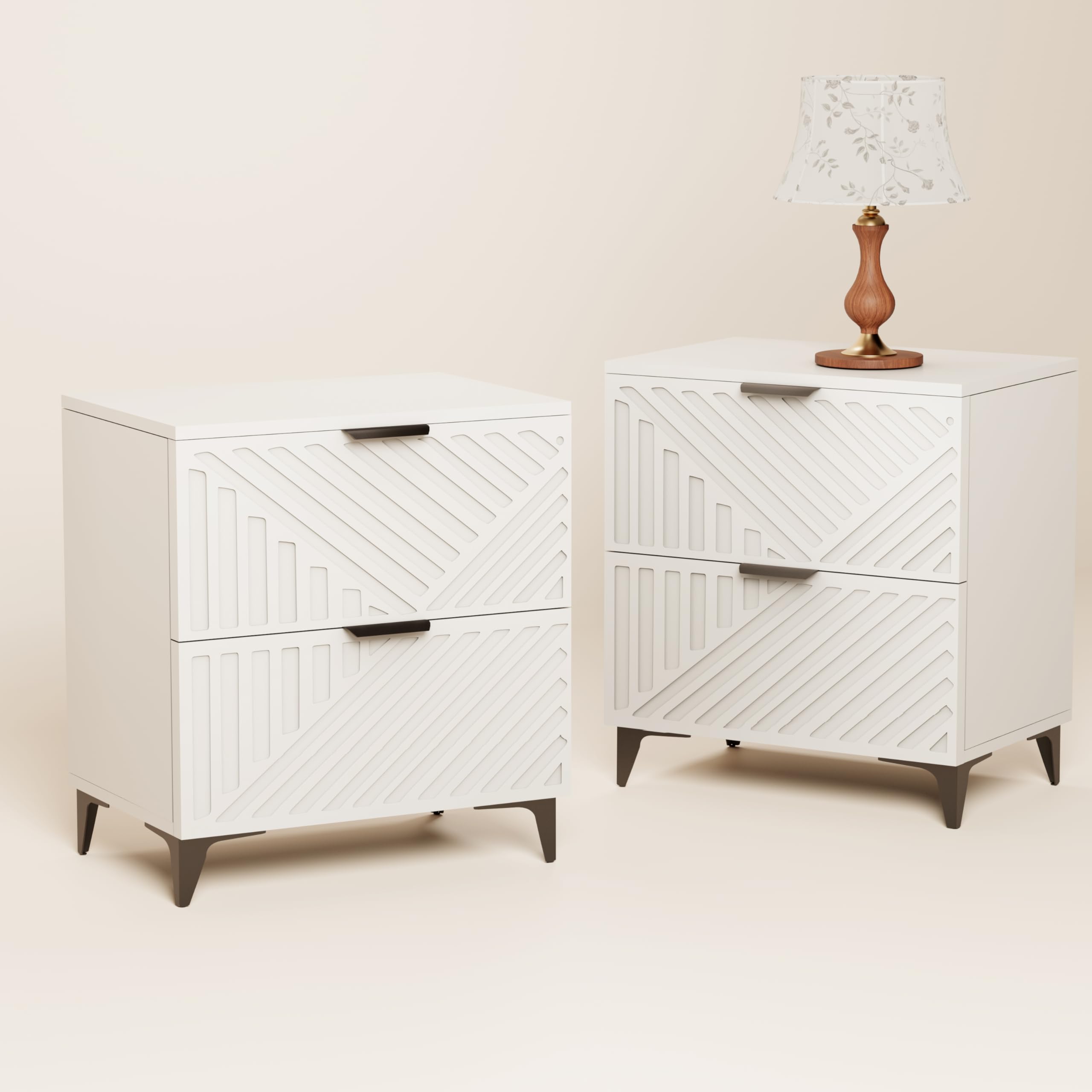 Royal Windsor Small Fluted Nightstand Set of 2 with 2 Drawers, Side End Table, Small Accent Storage Cabinet,Modern Night Stand Bedside Table for