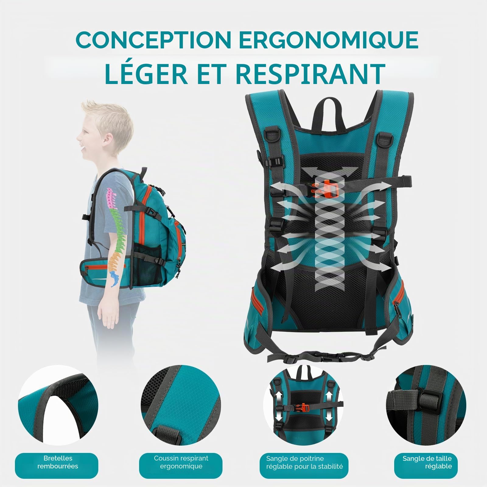 Cozary Sac à Dos Enfant 18L Extérieur, sac à dos de Randonnée Confortable avec Bandes Réfléchissantes Fille de 6 à 12 Ans, Imperméable pour Garçons & Filles Outdoor, École, Sport et Voyage