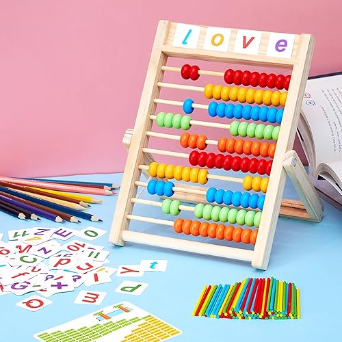 Miniatura 4 de Shappy Juego de 2 juegos de aprendizaje de matemáticas preescolar, juegos educativos de matemáticas, ábaco de madera con marco de madera con cuentas
