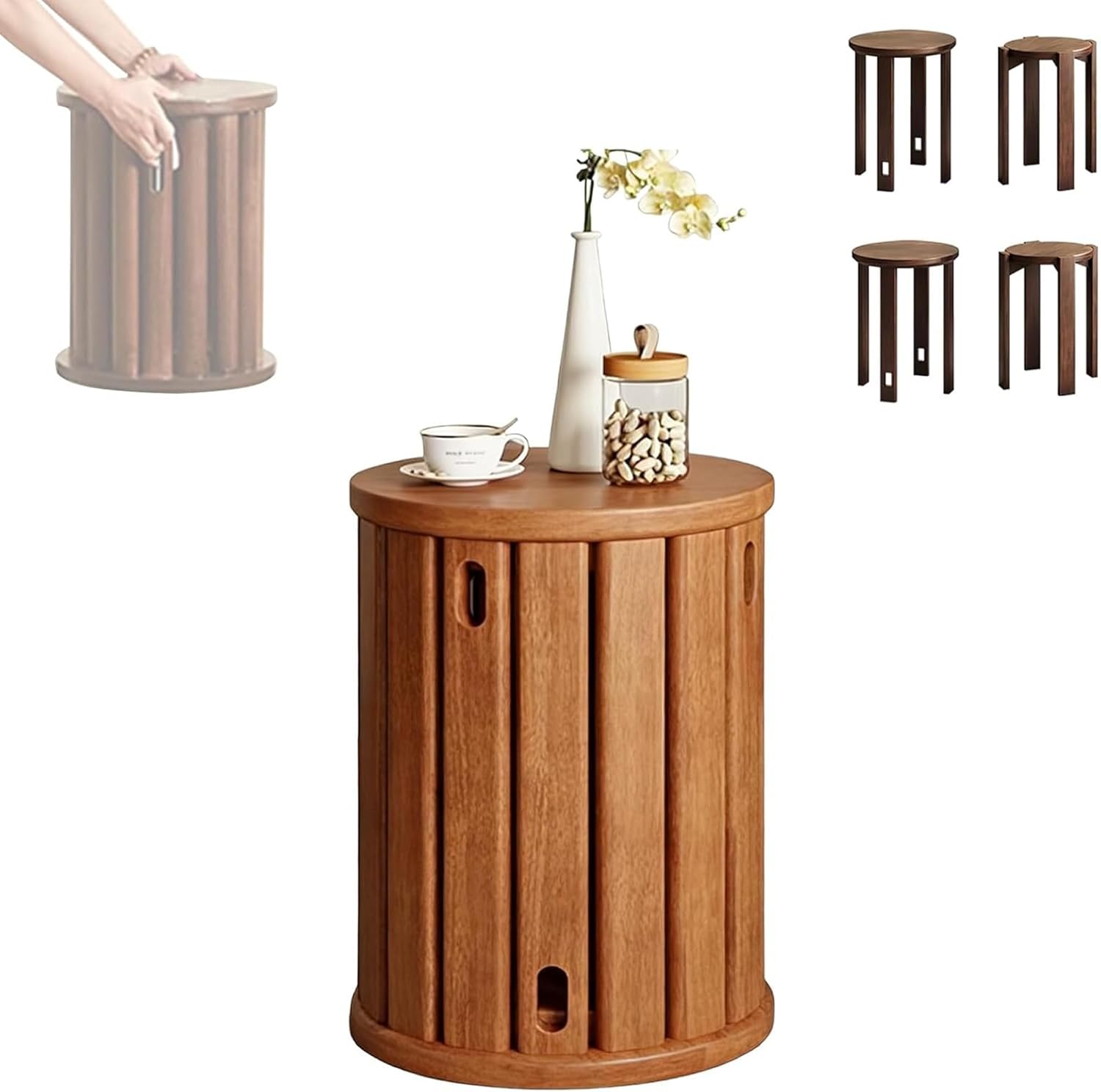 Stackable Stools Side Table, Stacking Stools, 4-in-1 Small Round Coffee Table, Nesting End Tables, Solid Wood Nightstand, Multifunctional Wooden Dining Chair Set of 4, Night Stand for Bedroom (Wood)