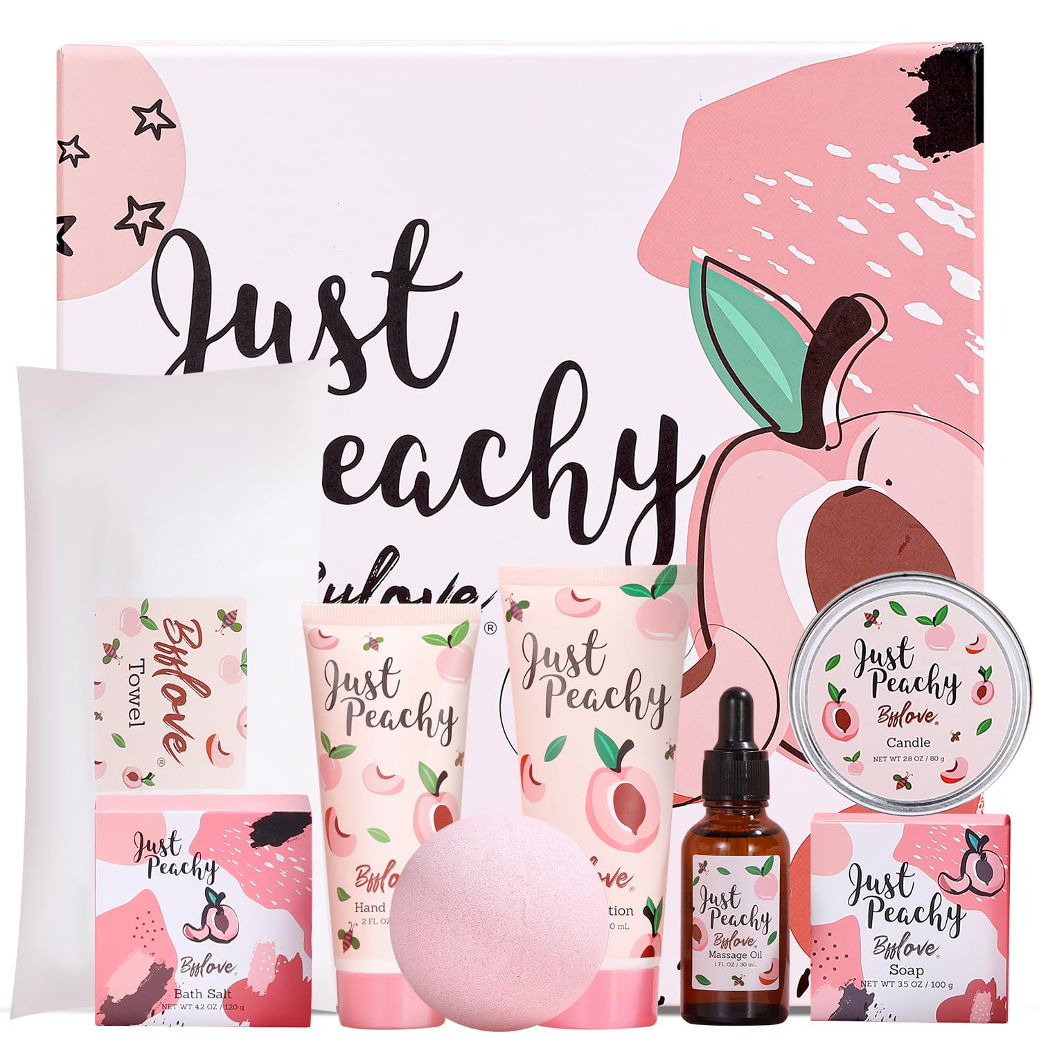 Regalo Original para Mujeres, BFFLOVE Caja de Regalo a Fragancia Melocotón, Set Baño Mujer con 8 Piezas, Regalo de Los Reyes Magos, Cumpleaños, San Valentín, Incluye Crema de Manos, Loción Corporal