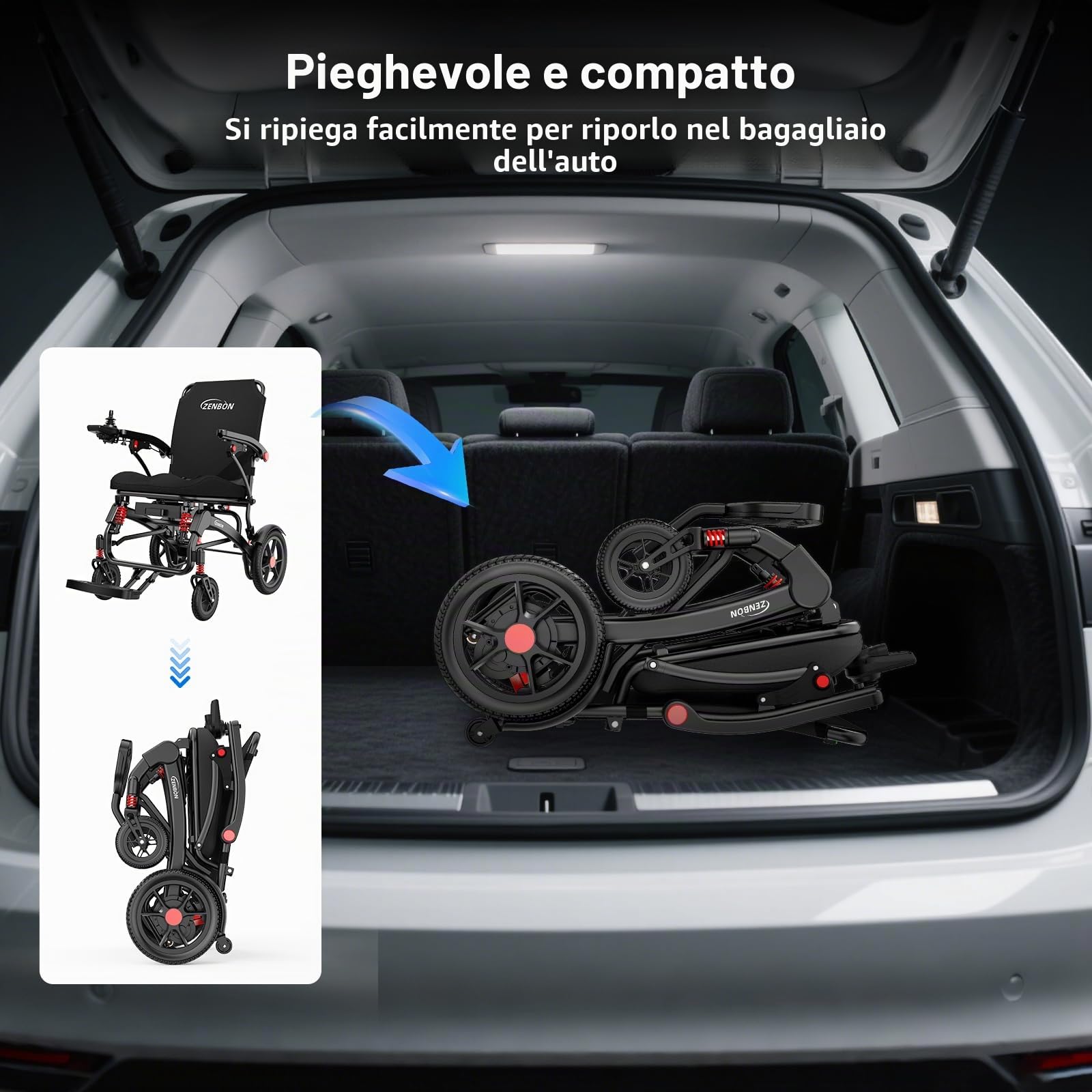 Sedia a Rotelle Elettrica Pieghevole Leggera 19 kg: Sedia a Rotelle Elettrica con Telecomando e Pulsante di Assistenza alla Spinta Posteriore per Anziani fino a 150 kg