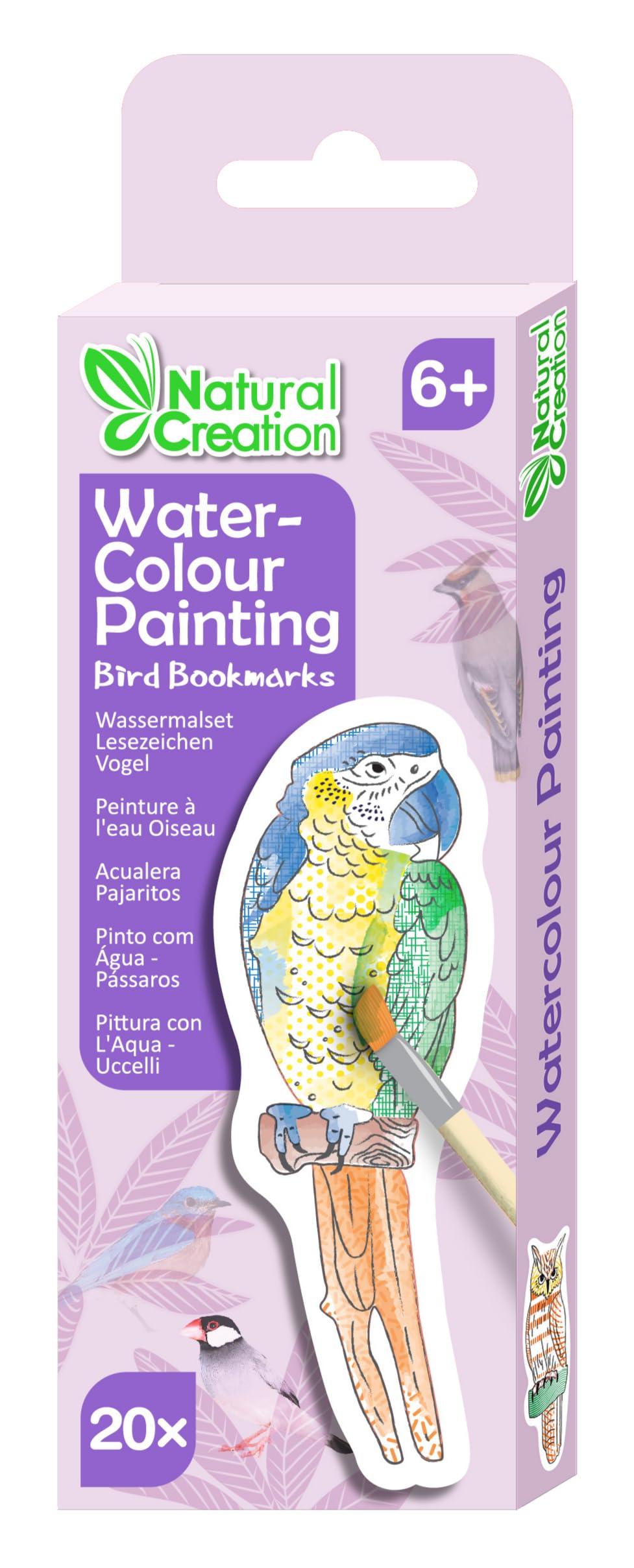 Avenir Natural Creation Water-Colour Painting Bird Bookmarks Set, 20 Pieces, Ages 6+, Wet The Brush and Paint to Reveal Vibrant Colours and Patterns, Mess Free Arts and Crafts for Boys and Girls