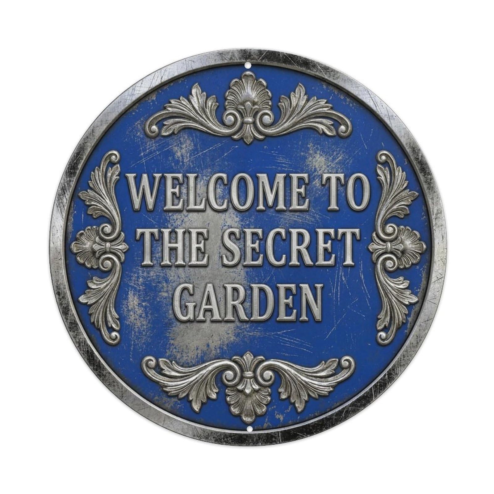 Vintage Welcome Secret Garden Silver Cobalt Brushed Metal Tin Sign