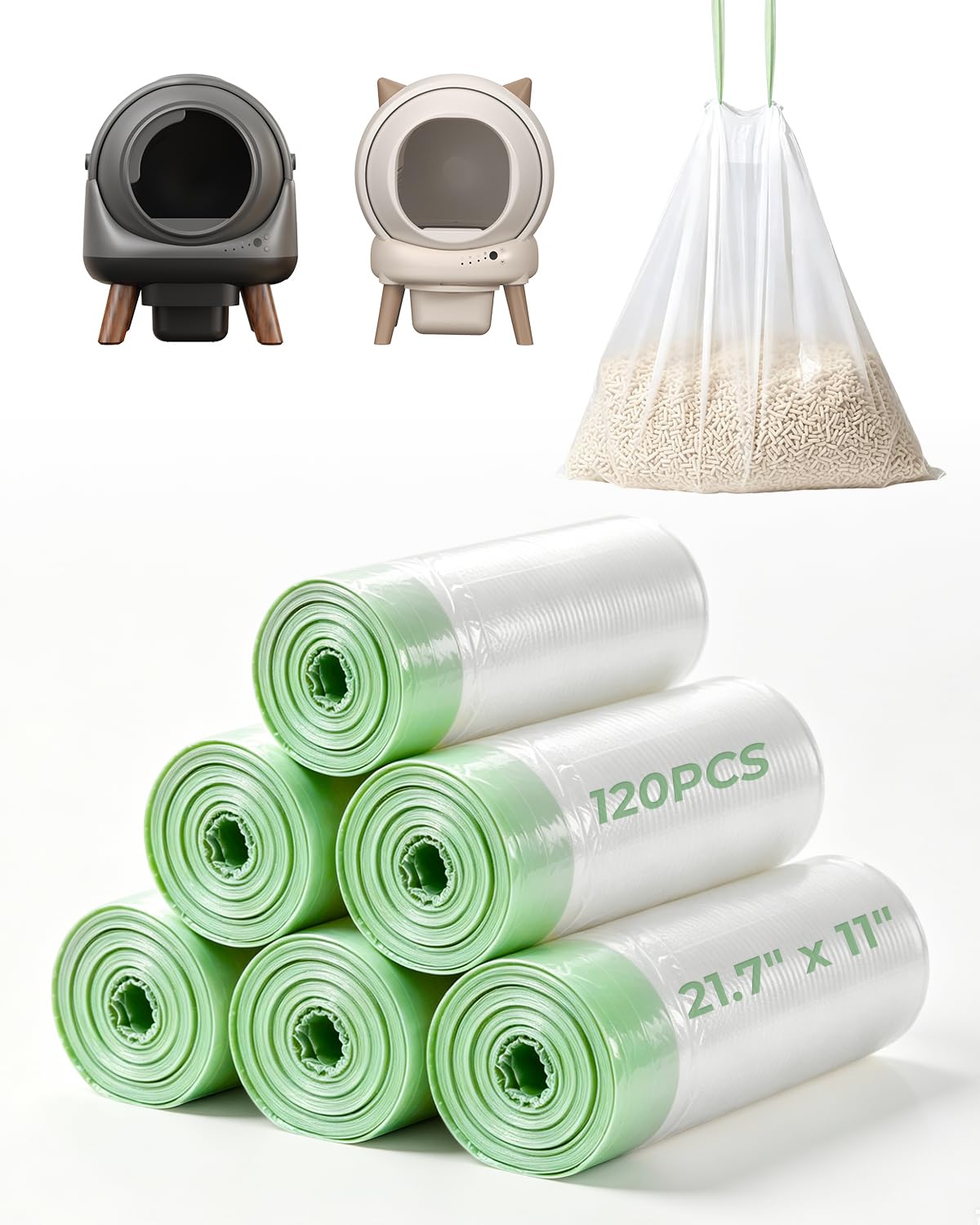 Replacement Waste Bags for Self Cleaning Litter Box, Heavy-Duty Dual Drawstring Trash Bags, 21.7"x11", Leak & Tear-Resistant, Trash Bags for Cat Litter Box Drawers, 6 Rolls (120 Bags)