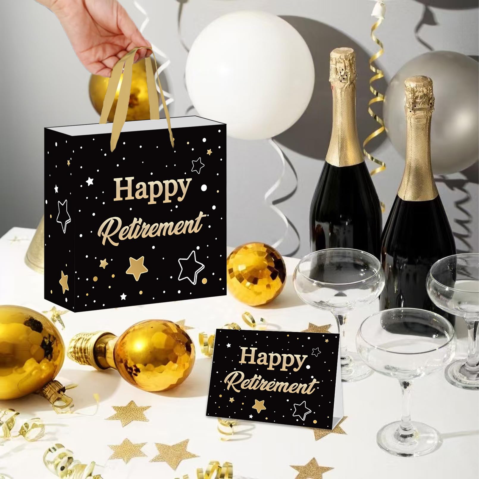 ONANNA Small Retirement Gift Bag with Tissue Paper and Greeting Card 7" Retired Gifts Wrapping Bag for Women Men Coworker Teacher, Black Gold Retirement Party Decorations Supplies