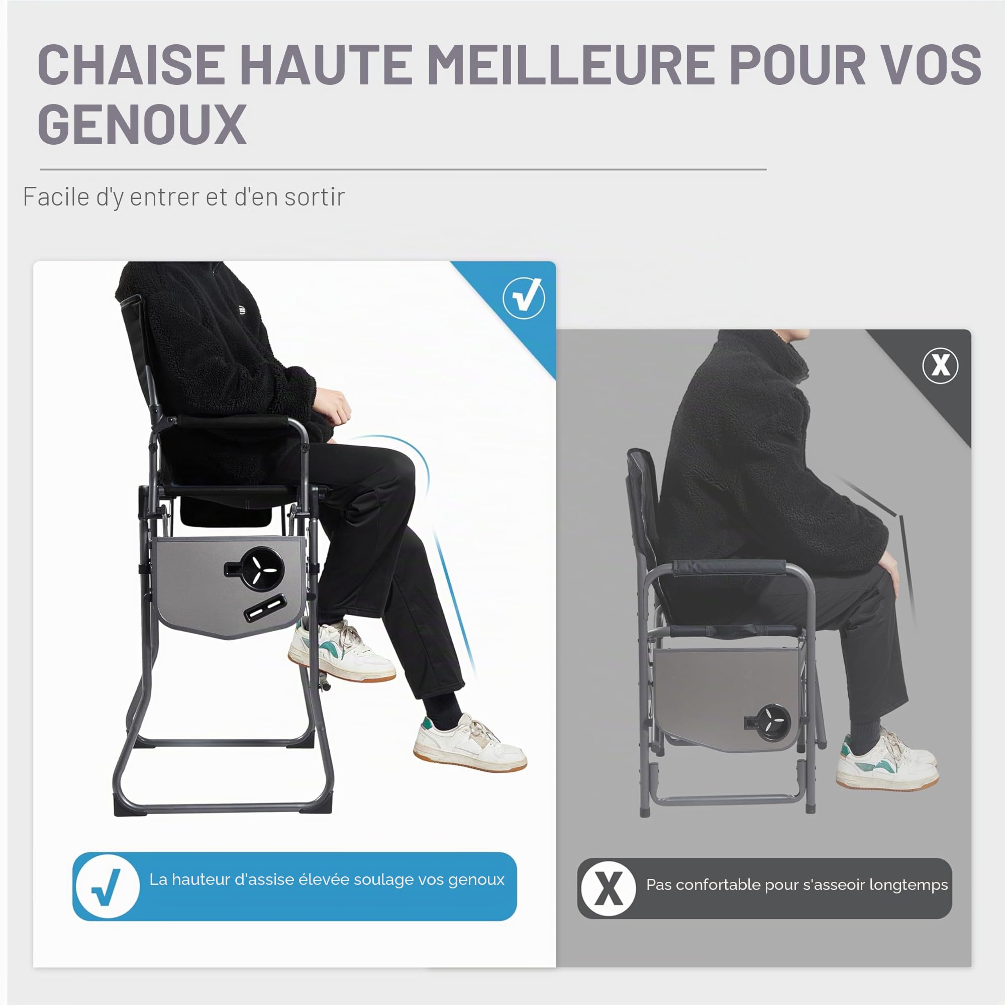EVER ADVANCED Chaise de Camping Pliante, Hauteur d'assise 78CM, Chaise de Directeur Pliable, Tabouret de Bar Pliable avec Table latérale pour maquilleur, événement Sportif, supporte 160KG Noir