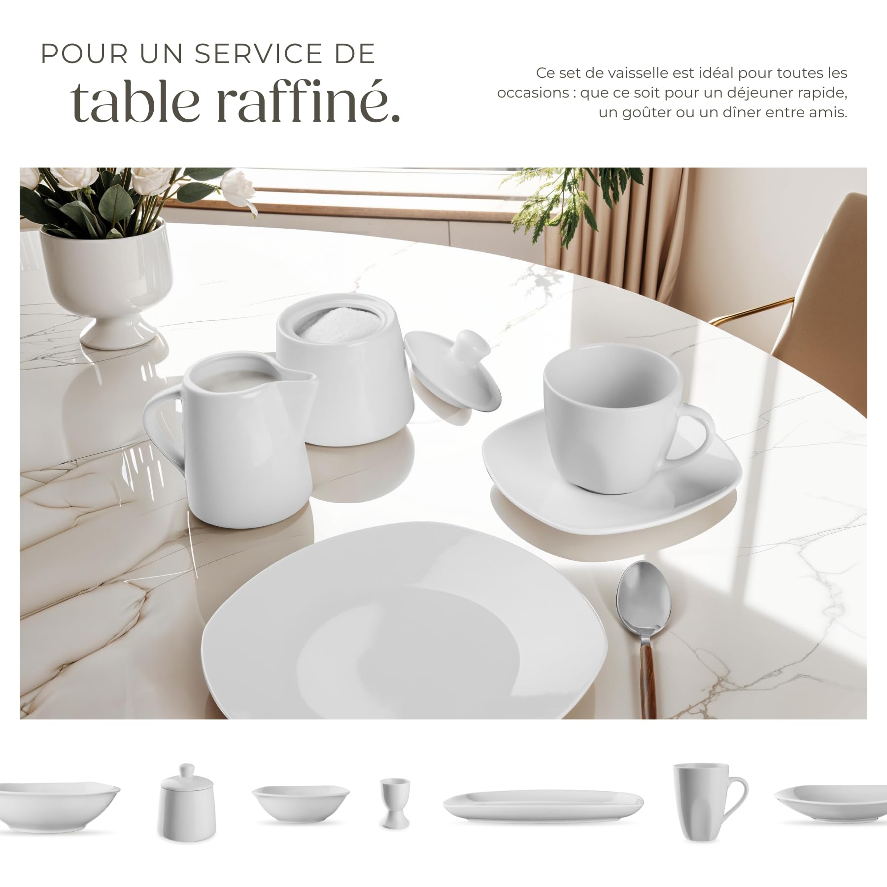 tectake® Service de table 12 personnes Vaisselle et arts de la table 100p. avec Assiettes creuses assiettes plates assiette à dessert coquetiers bols tasses saladier Coupelle soupe Lot assiette