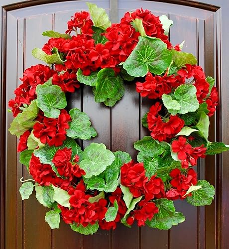 Miniatura 5 de Corona de geranio rojo para decoración de puerta delantera de primavera o verano en 21 pulgadas de diámetro, forma redonda