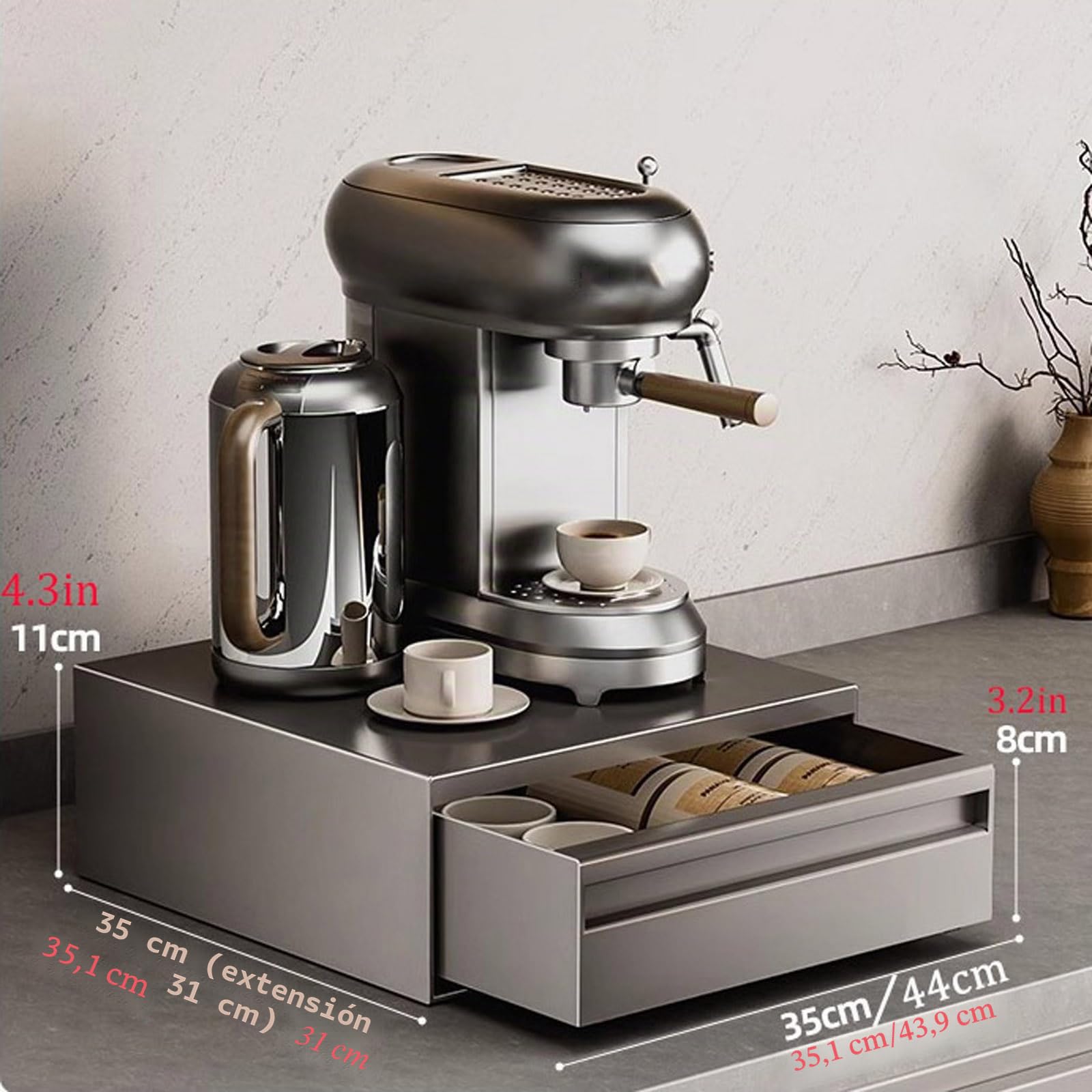 Soporte de acero al carbono para microondas con cajones extraíbles, organizador de encimera para microondas compactos, estación de café y almacenamiento de electrodomésticos de cocina, color gris (35