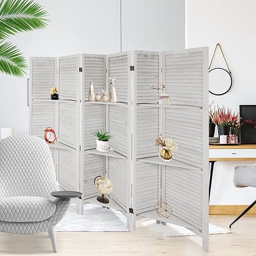 Miniatura 29 de Babion Divisor de habitación de 6 paneles, divisor de habitación de madera con estantes, separadores de habitación portátiles de 5.6 pies y 6