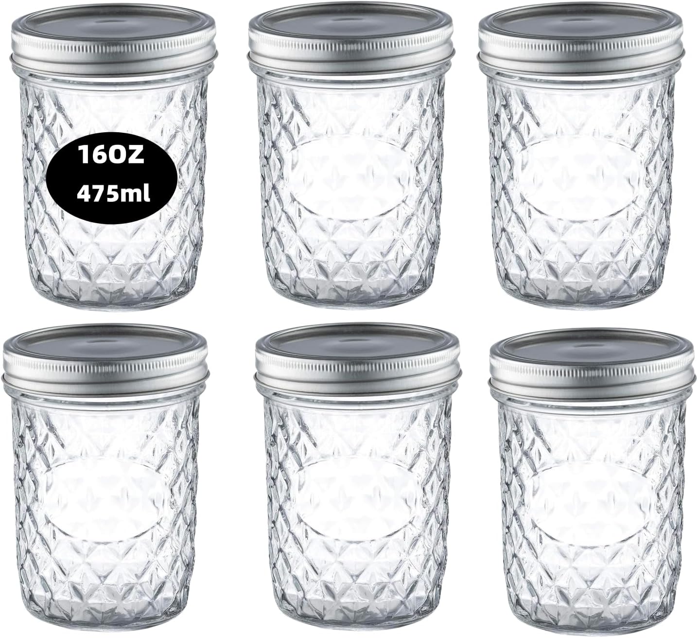 6PK 475ml/16oz Quilted Decorative Glass Mason Jars with Silver Metal Airtight Lids. Suitable for Meal Prep, Drinks, Food Storage, Canning, Dry Food, Salads and more.