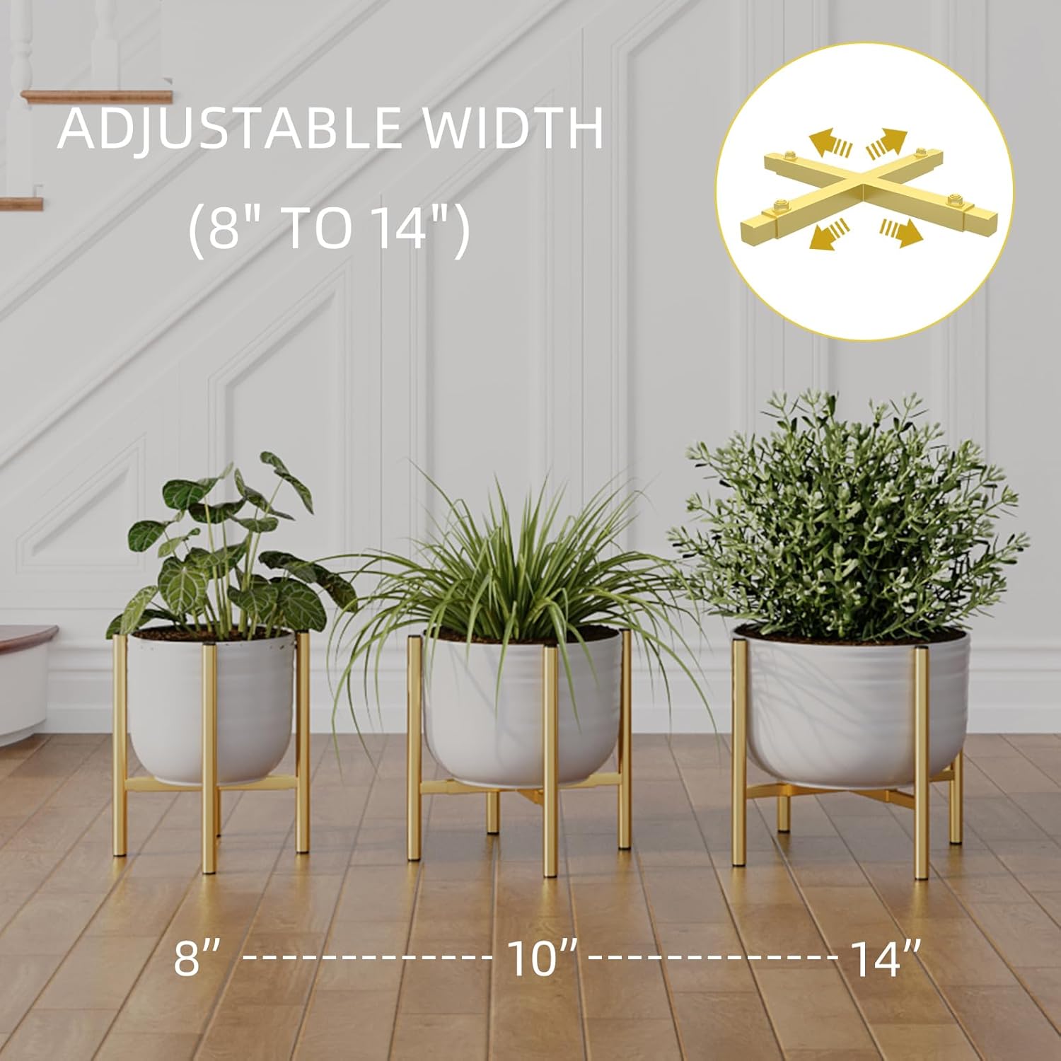 Adjustable Metal Plant Stand Indoor, Mid Century Modern Outdoor Planter Holder for 8 to 14 Inch Pots, Heavy Duty 160 LB Load, Corner Floor Stand for Home Garden Decor Golden 2 Pack