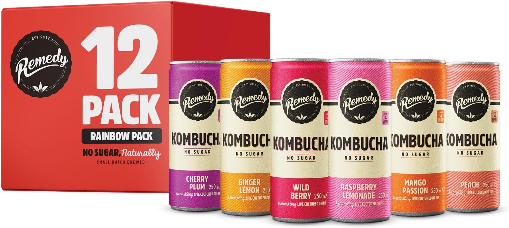 Remedy Kombucha Tea - Rainbow Mixed Pack - Sparkling Live Cultured, Naturally Sugar Free Soft Drink - Probiotic for Gut Health - 12 x 250ml