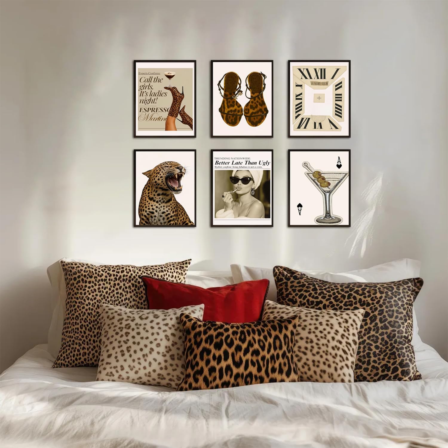 Mynotix Vintage Leopard Poster Set of 6, Trendy Cheetah Y2K Wall Art, Fashion Martini Wall Decor Preppy Girl Canvas Paintings Prints Artwork for Living Room Bedroom Dorm 12x16 inch Unframed