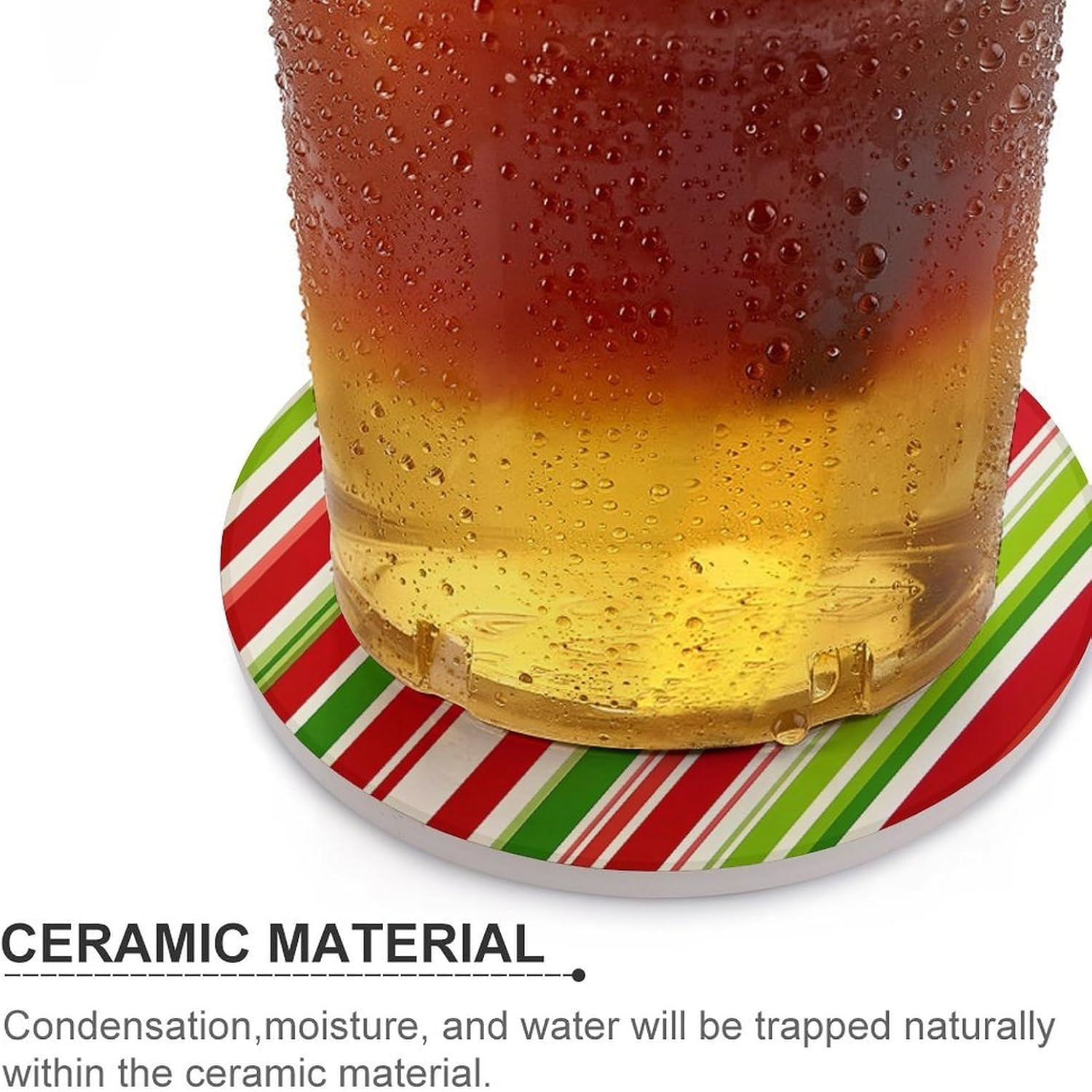 Red Green Striped Pattern Round Ceramic Coasters Print Drinks Absorbent with Cork Base for Home Decor Gifts 4 Inch