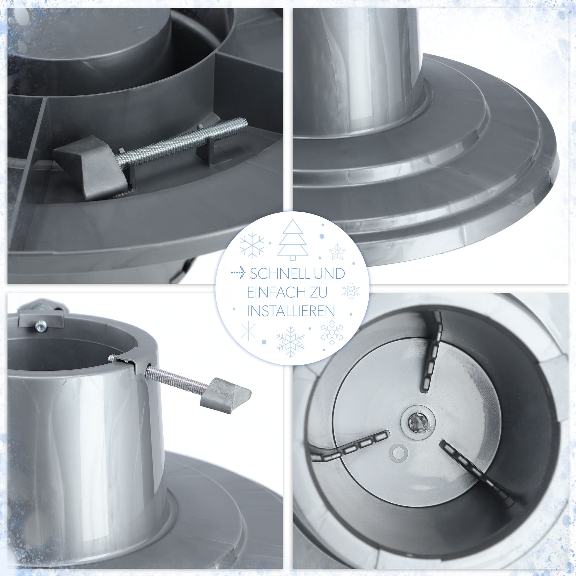 KADAX Weihnachtsbaumständer, Christbaumständer mit Wasserbehälter, Tannenbaumständer für einen echten Baum, Kunststoffständer für einen Weihnachtsbaum (Silber / Baumhöhe bis 2m)