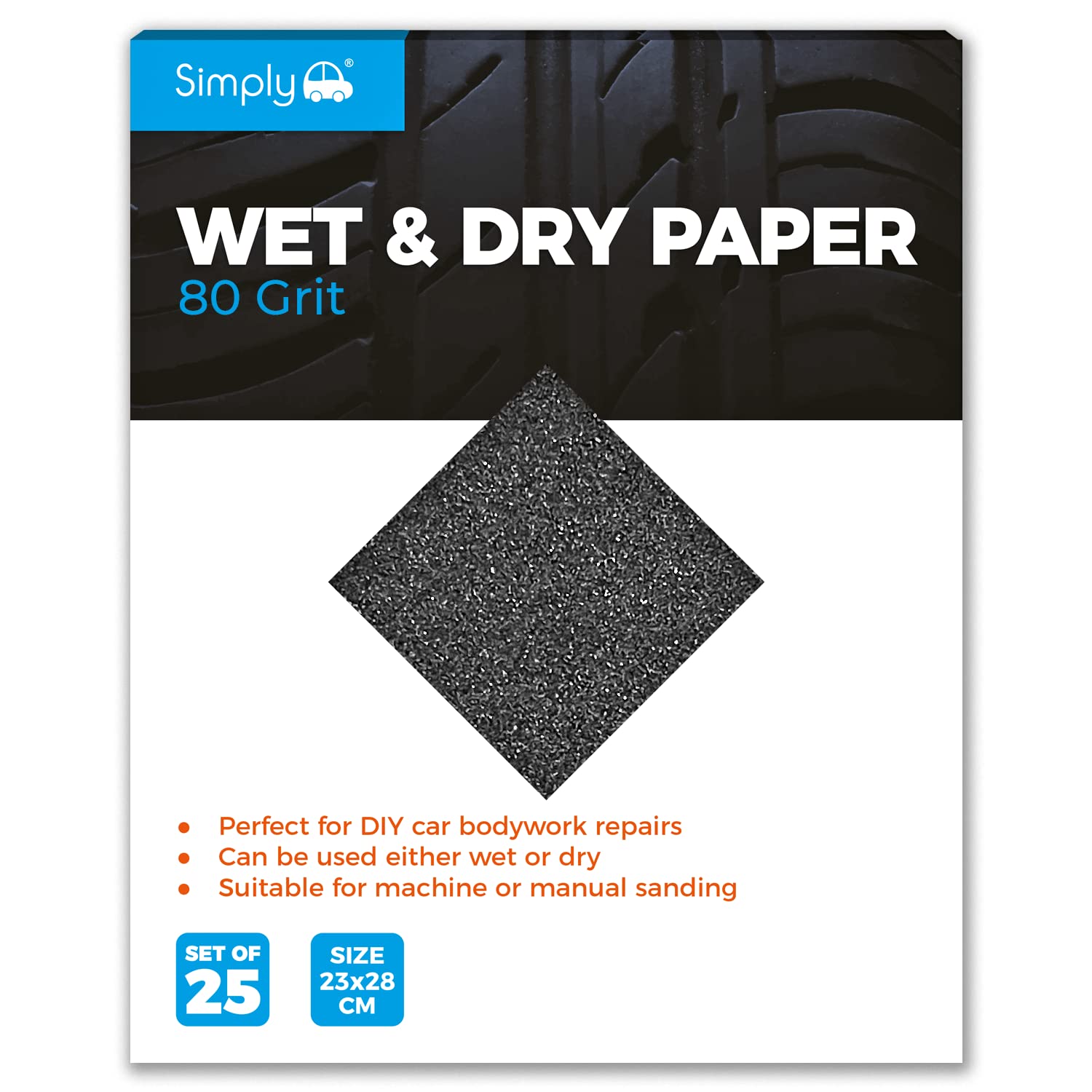 Simply WD0180 Wet & Dry Polishing Paper 180 Grit, Pack Of 25, 230mm X 280mm, Perfect For DIY Car Bodywork Repairs, Machine, Manual Sanding, Furniture And Home Improvement
