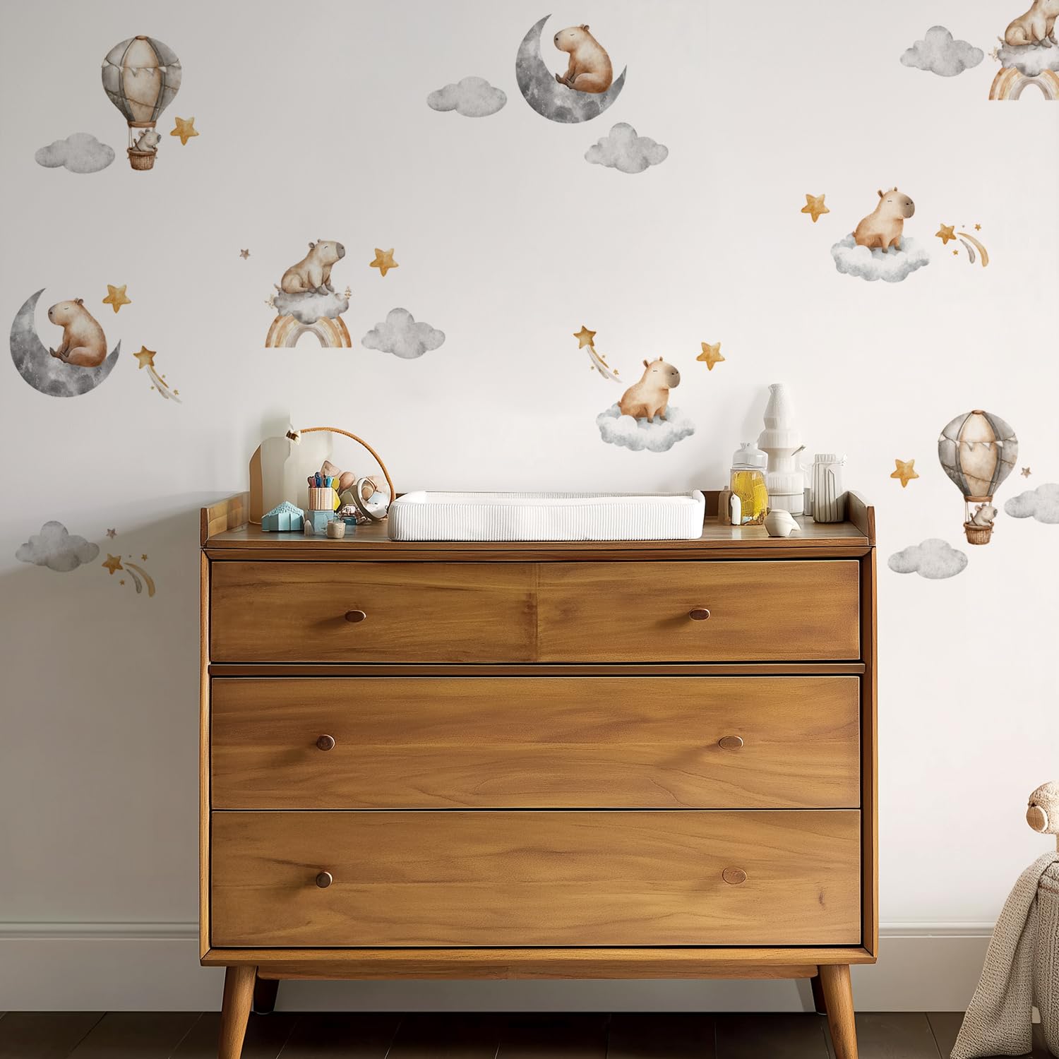 Alwayspon 38 Decals Cute Capybara Grey Moon Star Cloud Hot Air Balloon Art Wall Decals - Image 3