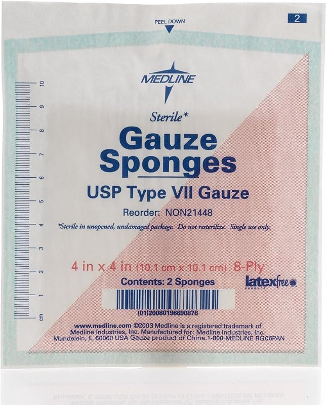 Medline Sterile Woven Cotton Gauze Sponges, 8-Ply, 4 x 4 Inch, Packaged in 2-Pack, One Trial-Size 2-Pack