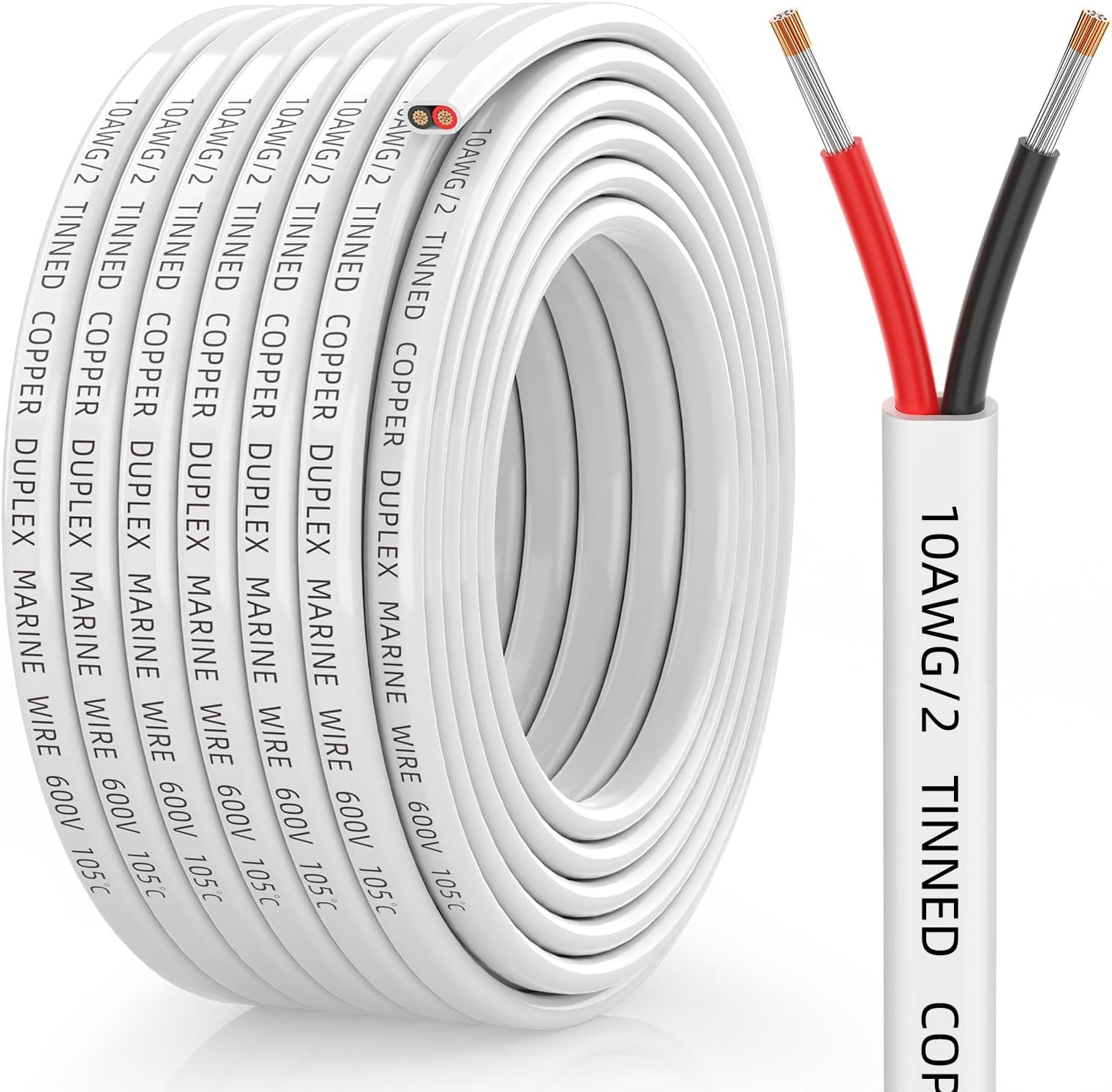 CONEPY 10 Gauge Marine Wire, 10/2 Duplex Marine Grade Cable, IP68 Waterproof/Oxygen-Free Tinned Copper Stranded PVC 10 AWG Wire for Boat, Automotive, RV, Solar, LED Strips (30FT)
