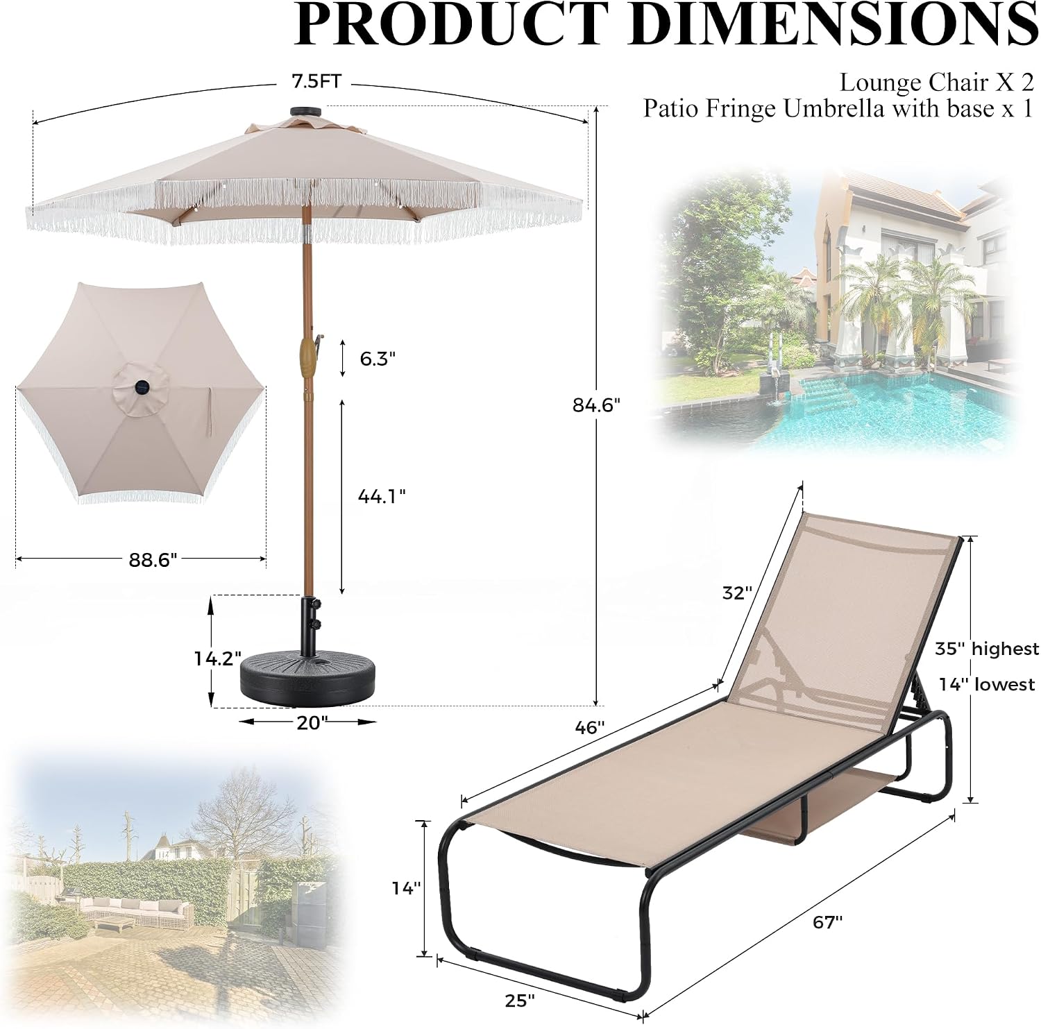 Ainfox Patio Chaise Lounge Chair Set of 2 with Fringe Patio Umbrella, Pool Lounge Chairs with Adjustable Recliner, Outdoor Lightweight Patio Chairs for Garden Beach Patio Poolside Brown