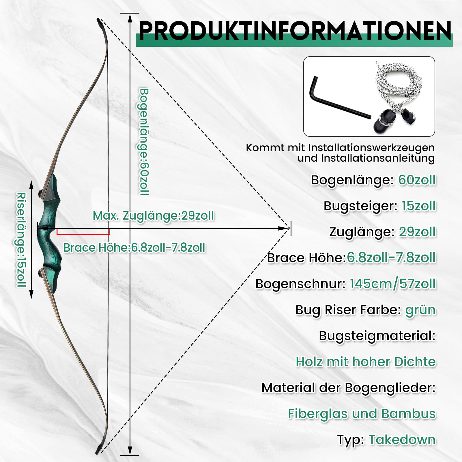 60 Zoll Takedown Recurve Bogen 20-60lbs Rechtshänder Bogenschießen mit Pfeil Köcher und Ziel Parper Bogenschießen Recurve Bogen und Pfeil für Erwachsene Jagd Schießen