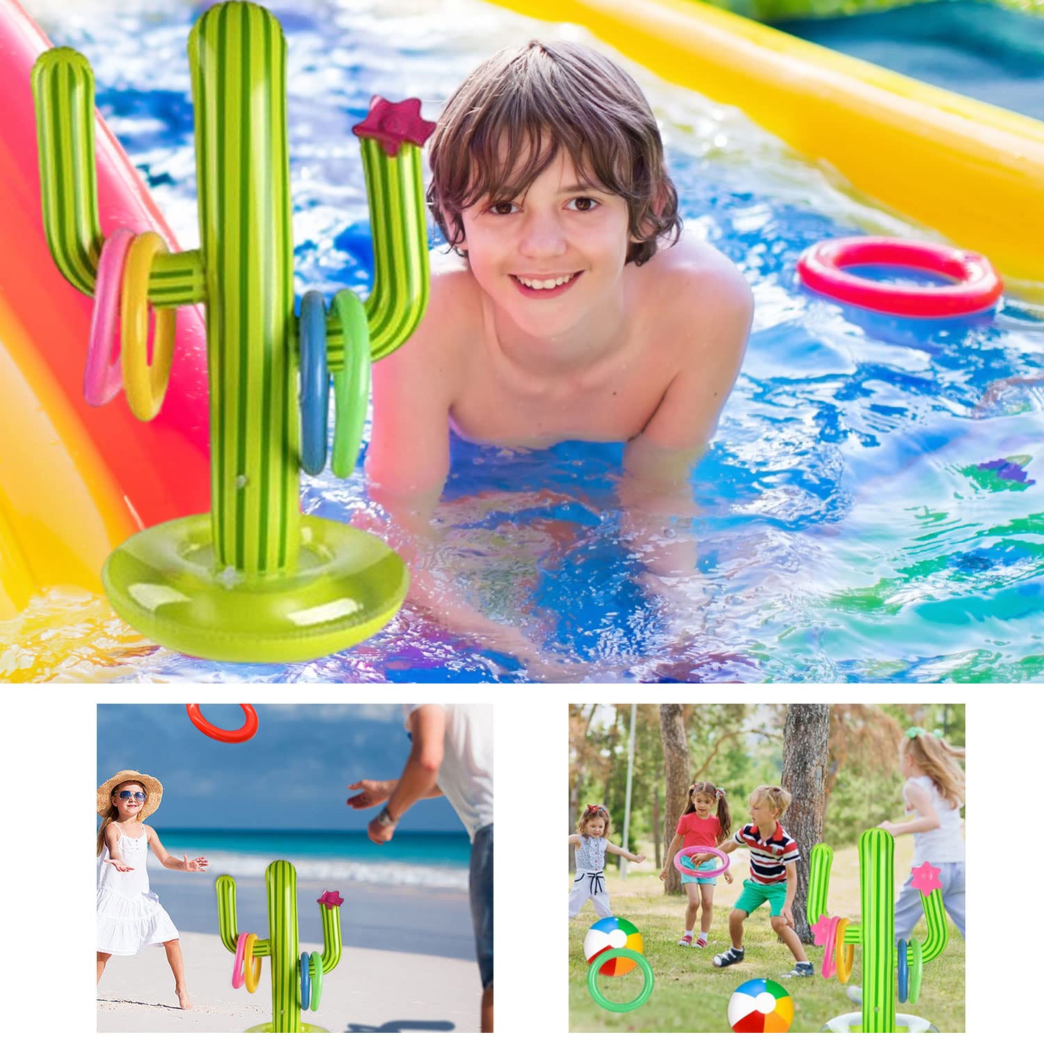 Aufblasbares Kaktus Ring Wurf Spiel Set, 1 Aufblasbaren Kaktus, 1 Aufblasbarer Ball, 8 Farbe Aufblasbare Ringe und 1 Luftpumpe für Sommer Party Kinder Erwachsene Pool Spielzeug