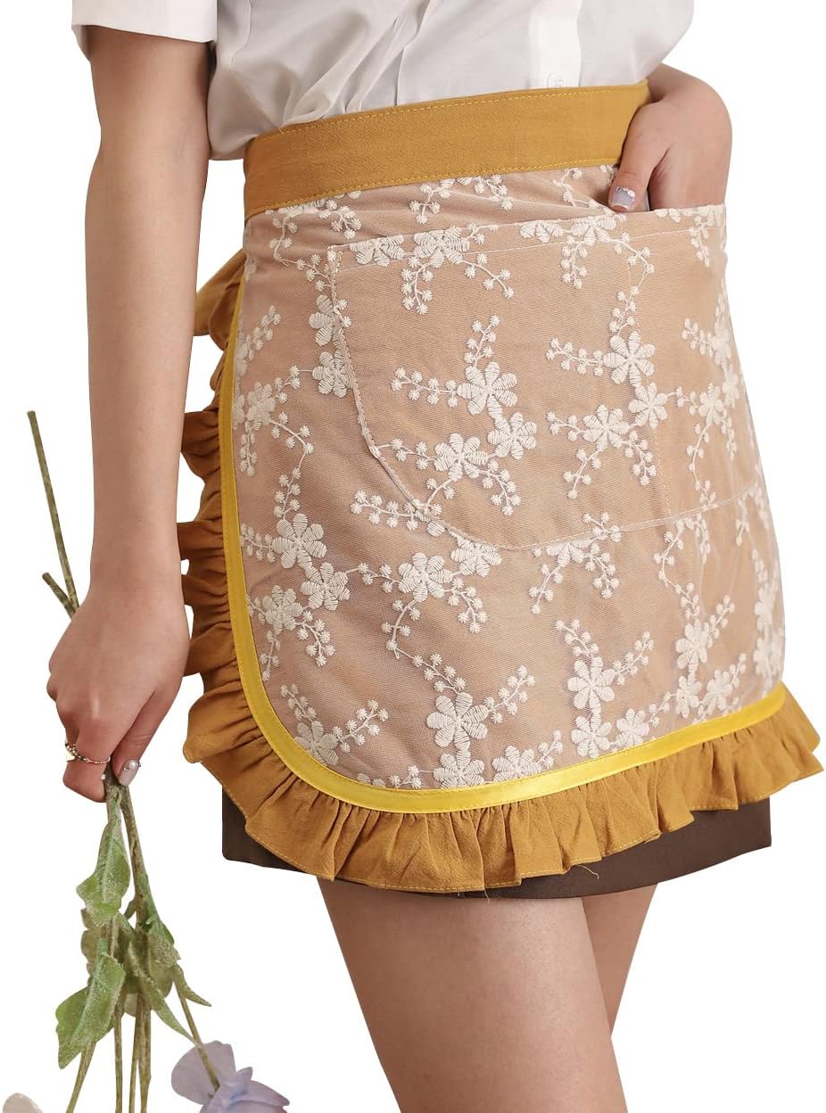 Floosum Waist Apron for women - Lovely Half Apron Cotton Lace Embroidered Server Waitress Apron Short Apron for Womens Girls
