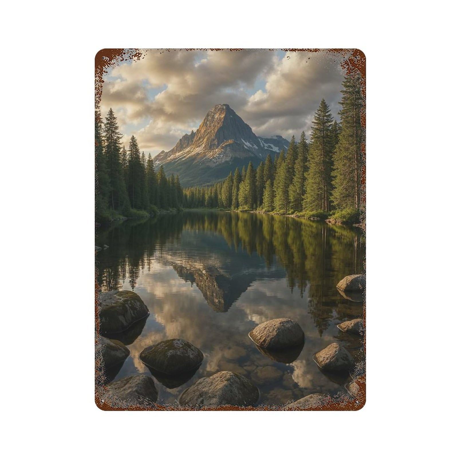 Mountain Reflection in Lake 15.7"x11.8" Distressed Metal Wall Sign, Shabby Chic Decor for Shed, Workshop And Garage Wall Decor