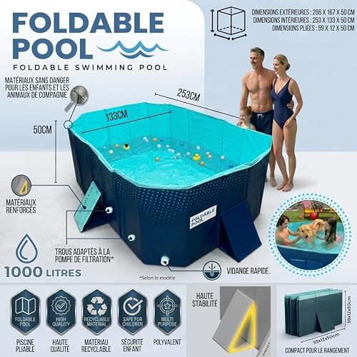 INDUSTEX Piscine pliable pliable pour enfants, piscine pour chiens portable, piscine amovible, baignoire, piscine jouet, adaptée aux enfants, animaux de compagnie moyens (pompe adaptée), 253 x 133 cm) - 2
