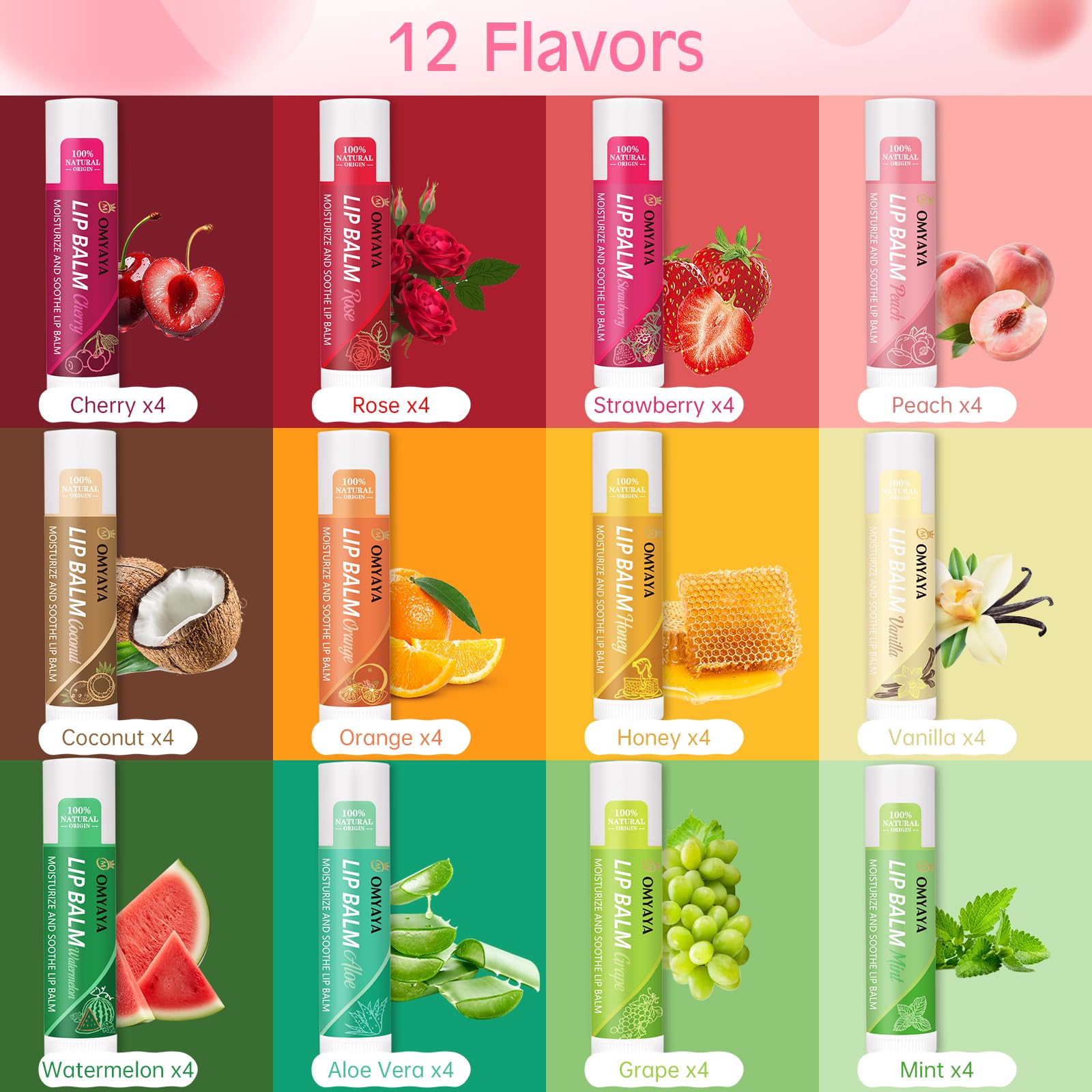 Lot de 48 baumes à lèvres aux 12 parfums différents pour les lèvres sèches et gercées. Baume hydratant idéal pour petits cadeaux pour femmes hommes anniversaire la Saint-Valentin la fête des Mères
