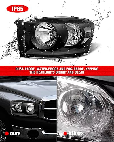 Miniatura 8 de Conjunto de faros delanteros Ram 2006 2007 2008 2009 carcasa negra compatible con Ram 1500/2006-2009 Ram 2500 3500 lente transparente con reflector