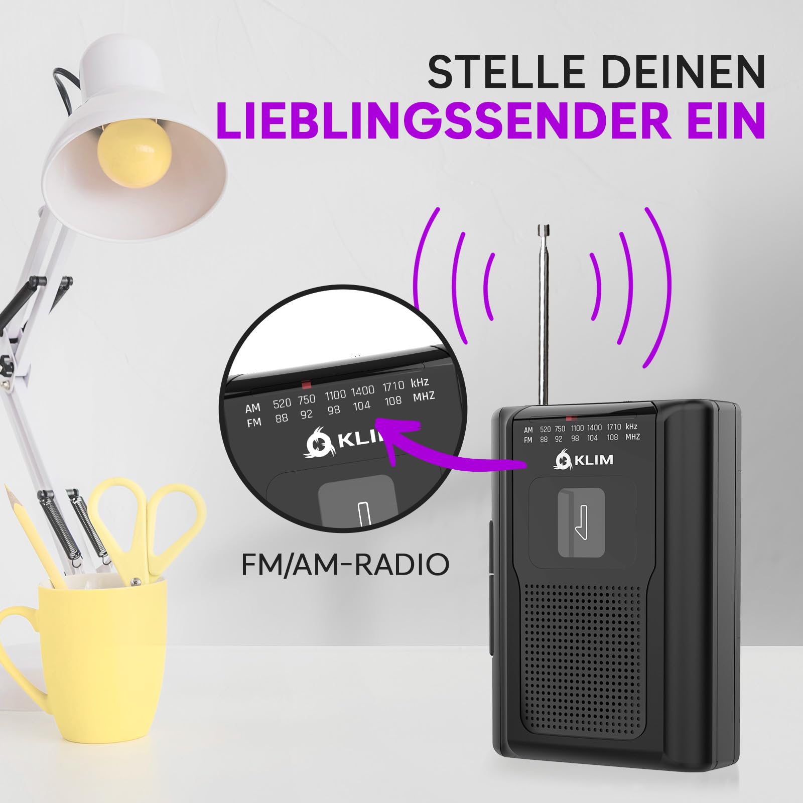 KLIM K8 Kassettenspieler mit Fusion-Kopfhörern - Kassettenrekorder - NEU Cassette Player - AM/FM Kassettenradio - Eingebautes Mikrofon & Lautsprecher - Kopfhöreranschluss & Ohrhörer - Schwarz