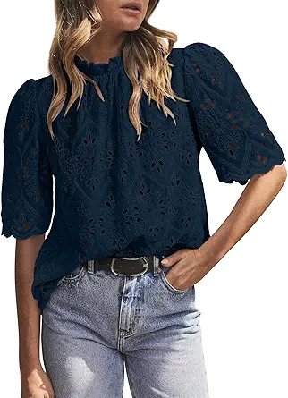 BETTE BOUTIK Womens Lace Tops 2025 Trendy Long Short Sleeve Eyelet Embroidered Dressy Casual Blouse Shirts